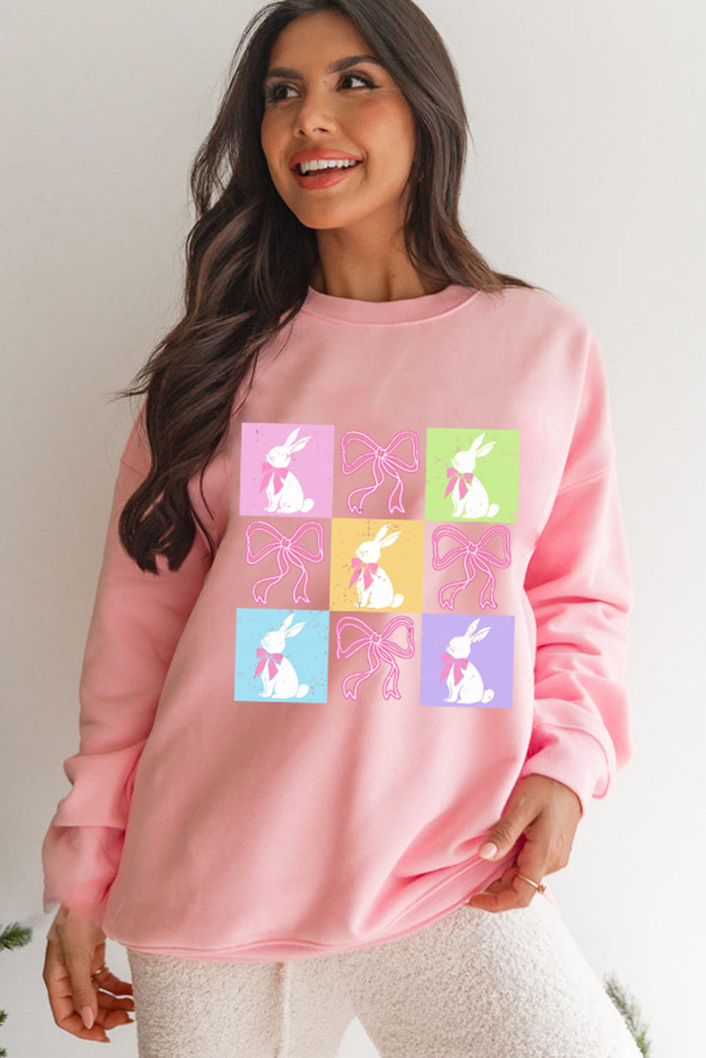 Easter Bunny Checkered Print Sweatshirt