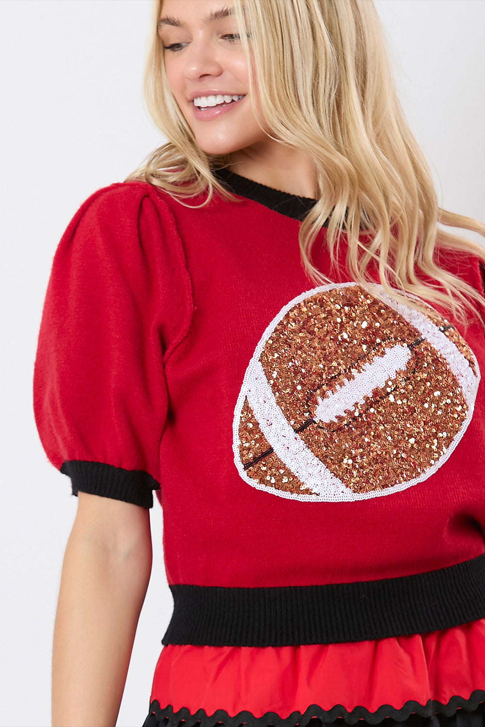 Sequin Football Puff Sleeve Knit Top