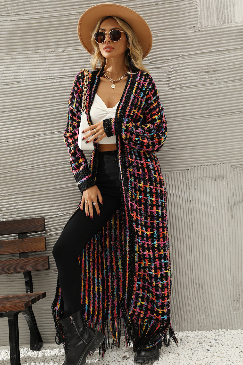 Multicolour Plaid Fringe Hem Long Knit Cardigan