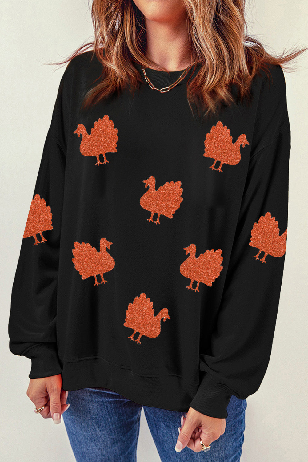 Black Glittering Turkey Thanksgiving Sweatshirt