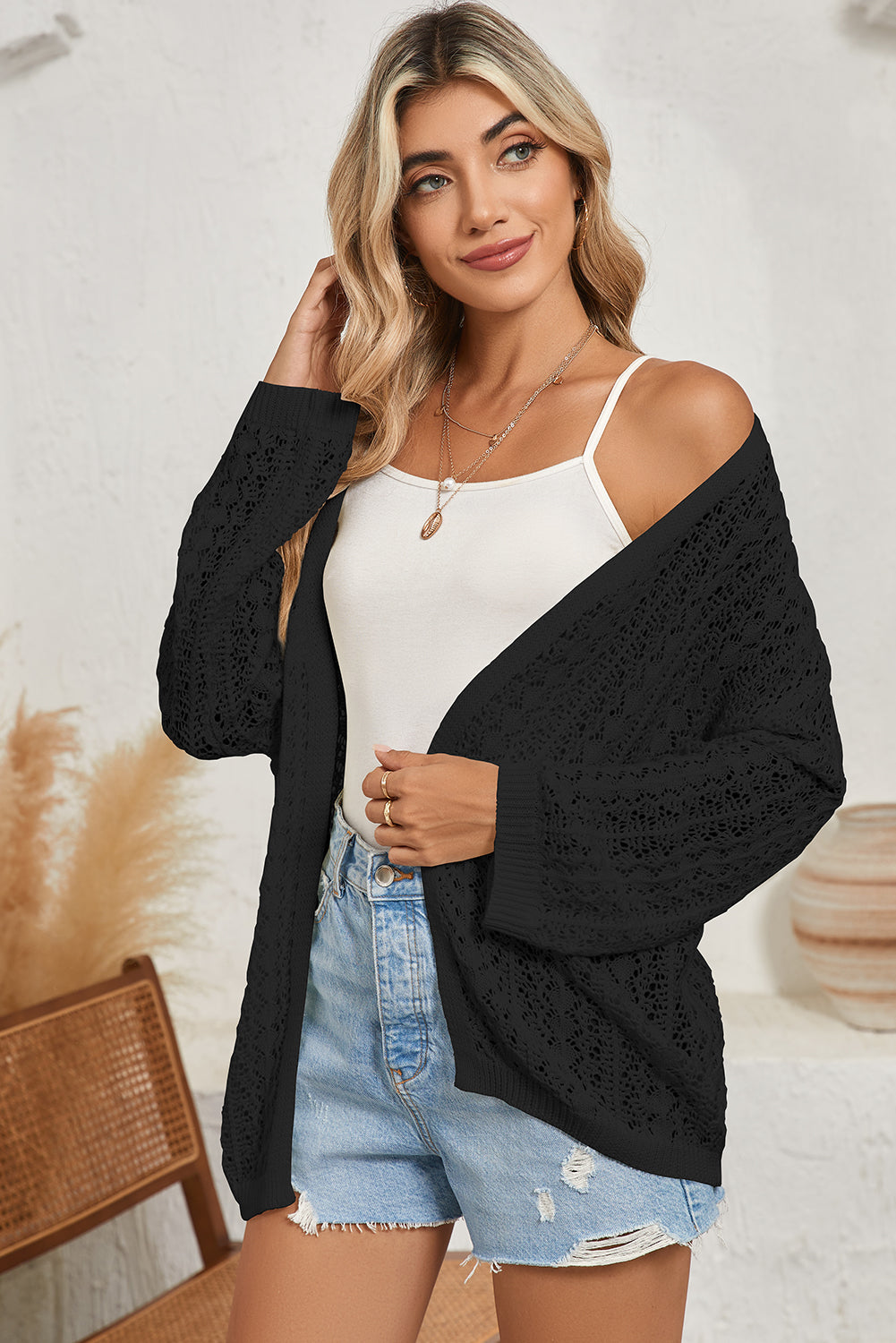 Crochet Knit Open Front Cardigan