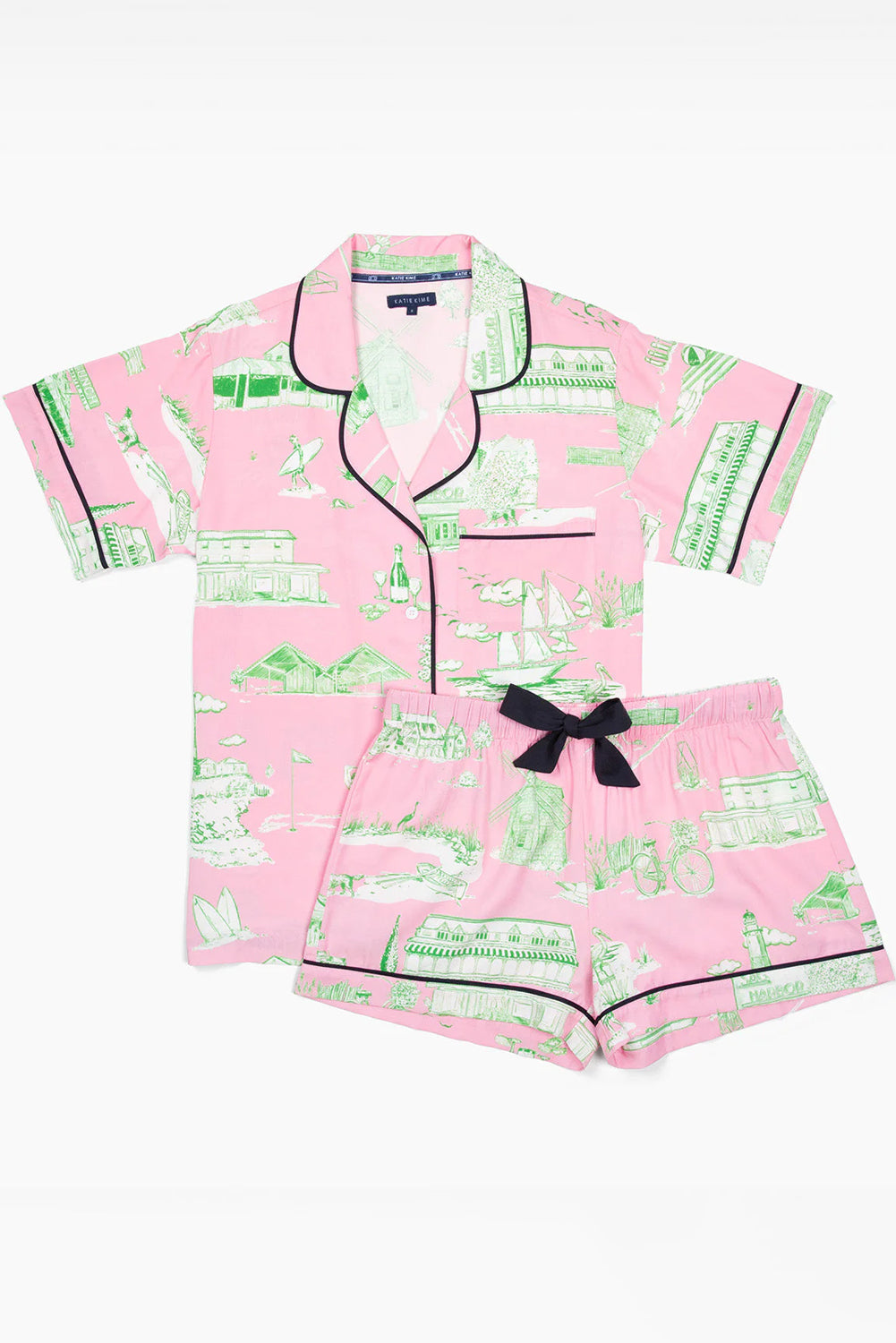 Pink Drawstring Shorts Pajama Set with Piping Details