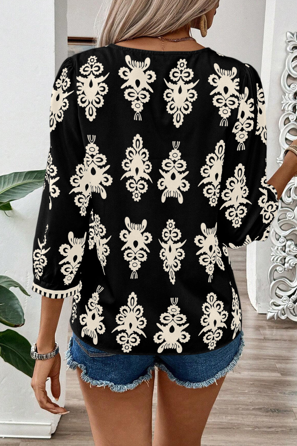 Ethnic Print V-Neck Blouse