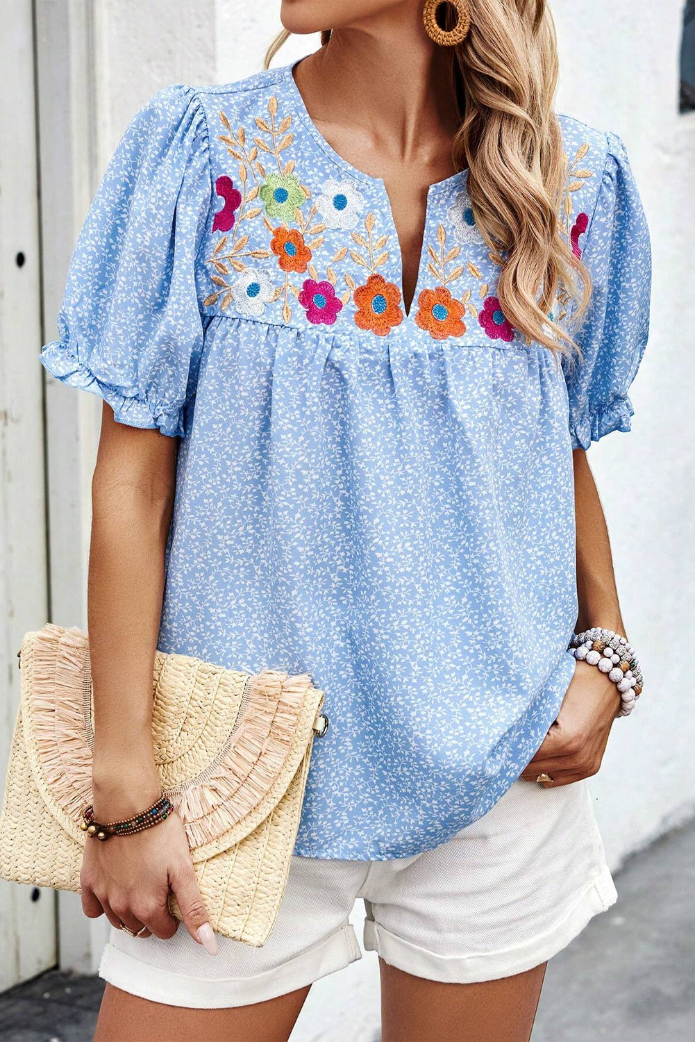 Floral Embroidered Puff Sleeve Blouse