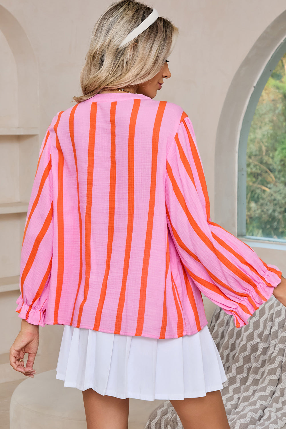 Stripe Crinkle Ruffle Sleeve Top