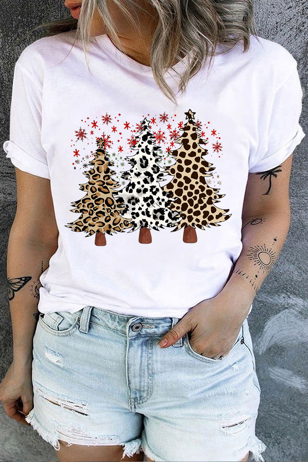 White Leopard Christmas Tree Printed Tee - Plus