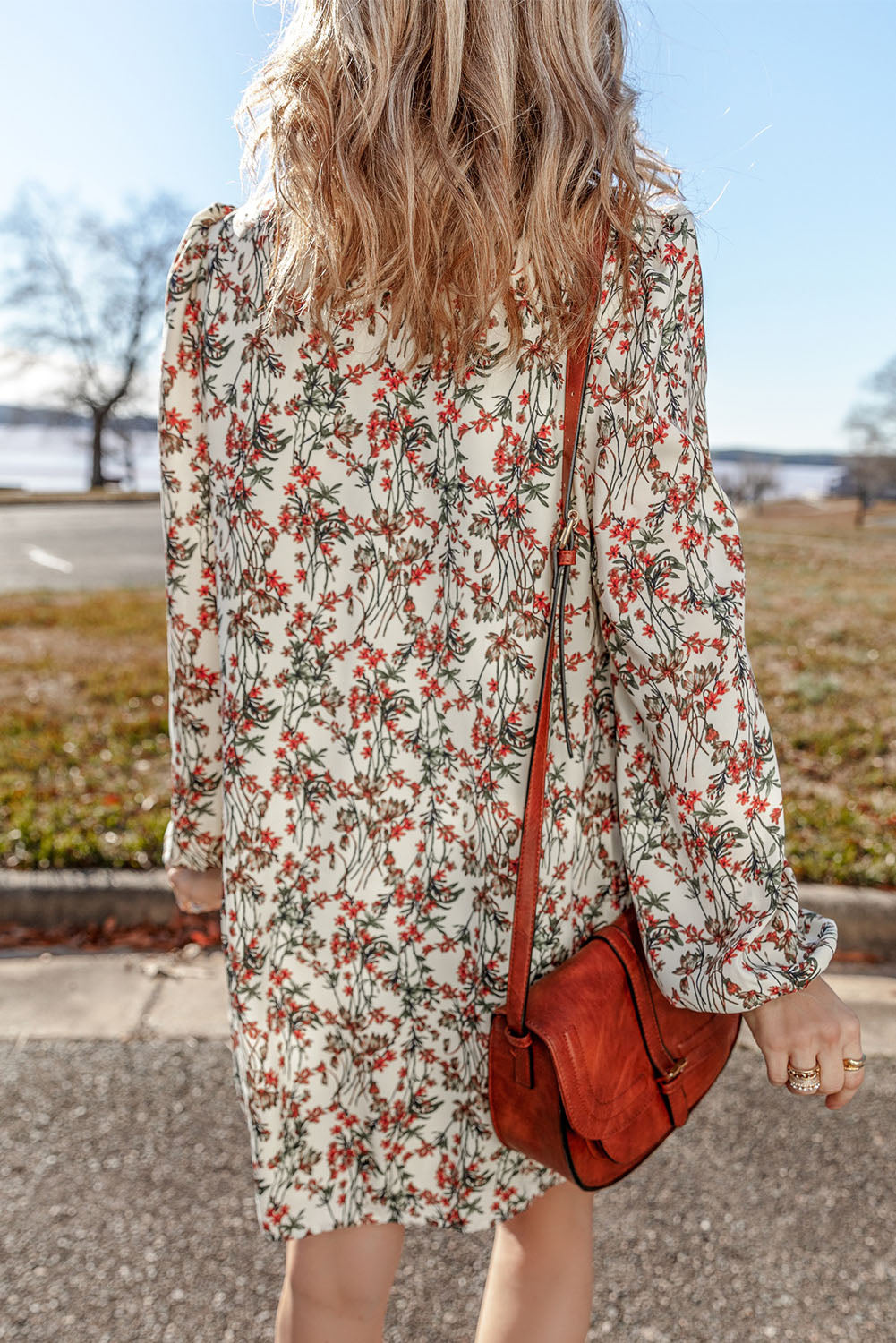 White Floral Printed Long Sleeve Dress