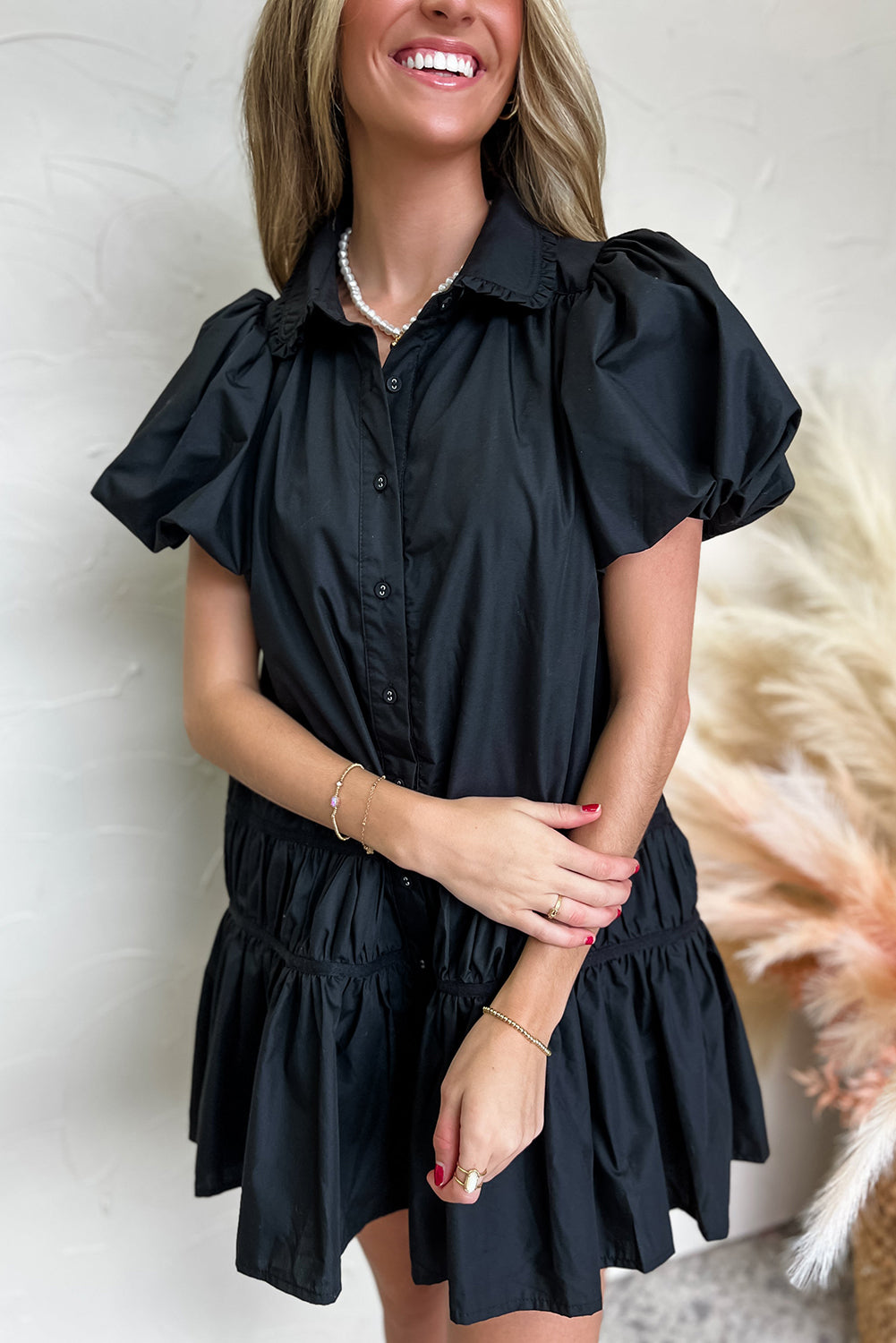 Black Button Down Puff Sleeve Ruched Dress