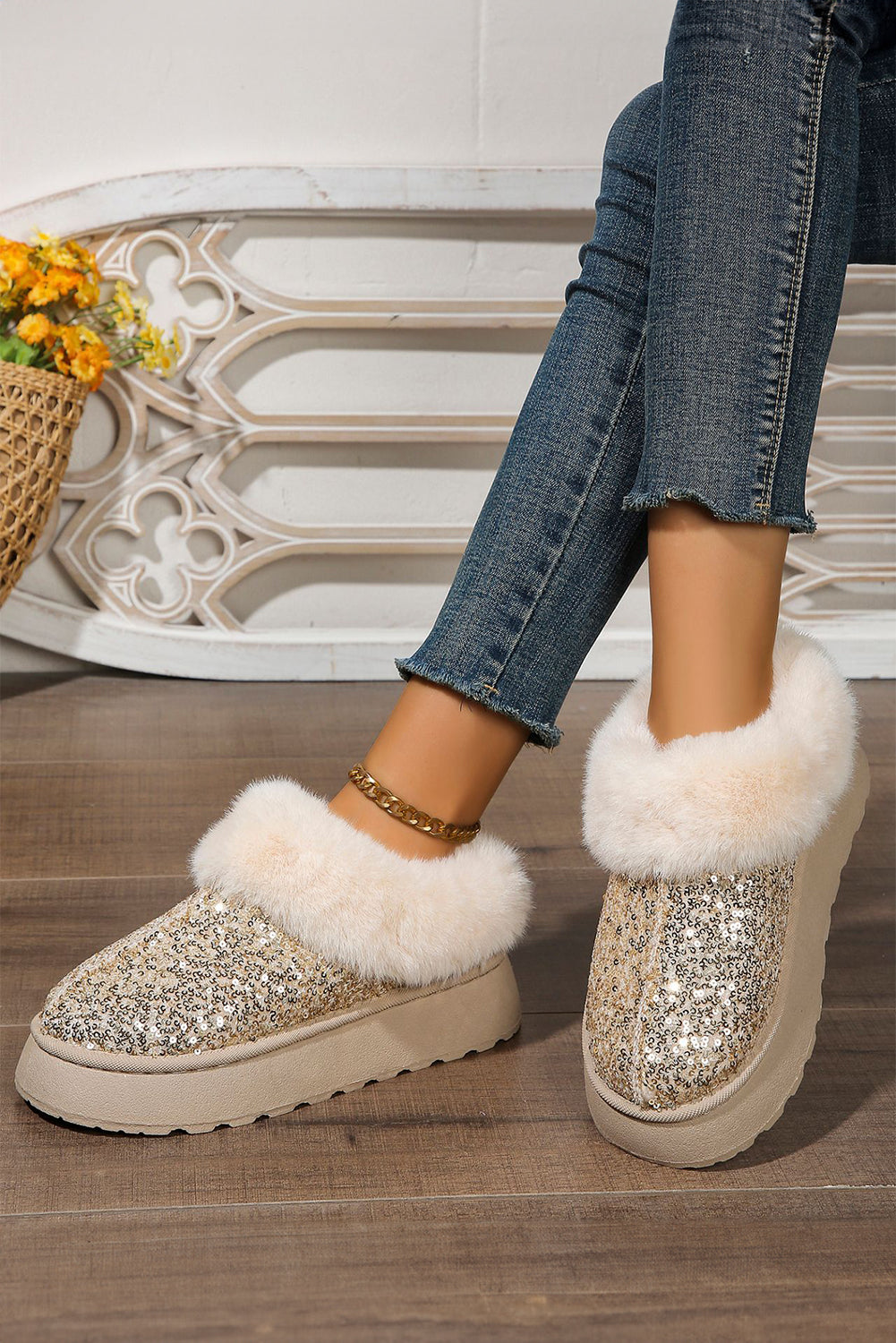 Gold Sequin Plush Lined Booties