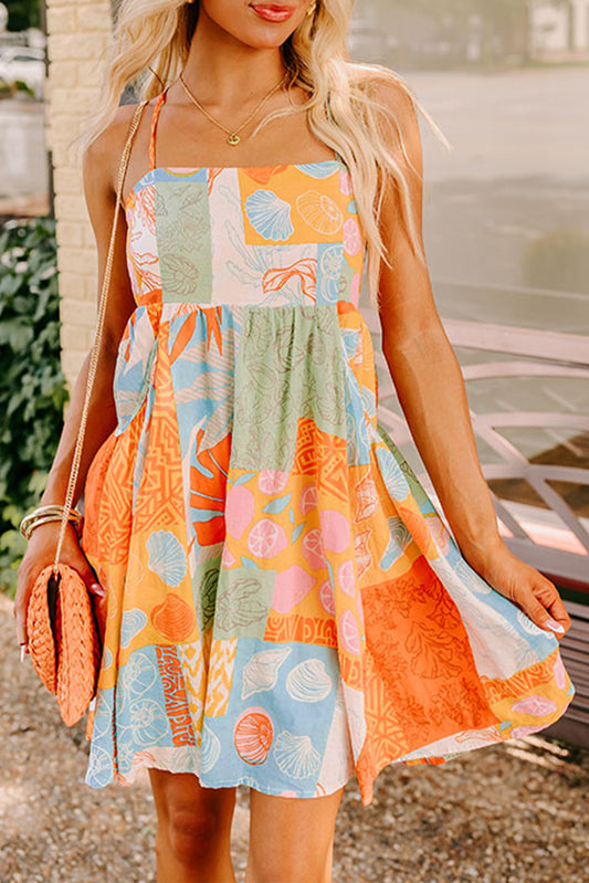 Sea Shell Print Patchwork Backless Dress