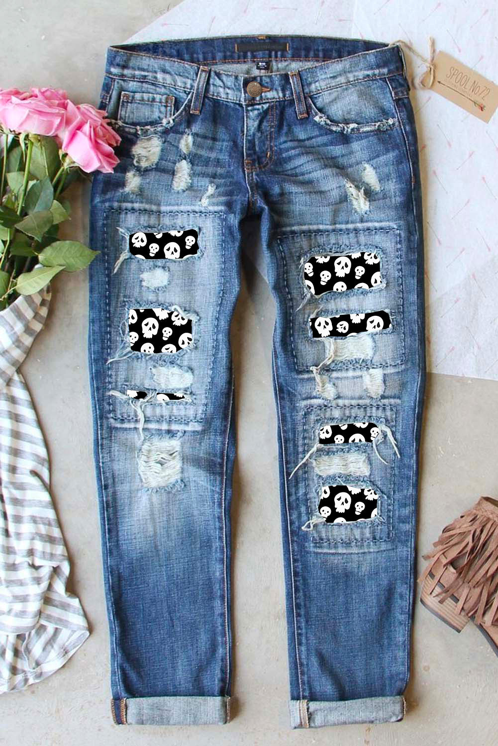 Halloween Skull Patchwork Distressed Straight Jeans