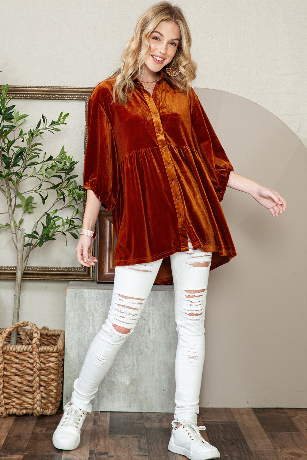 Lantern Sleeve Tunic Babydoll Velvet Shirt