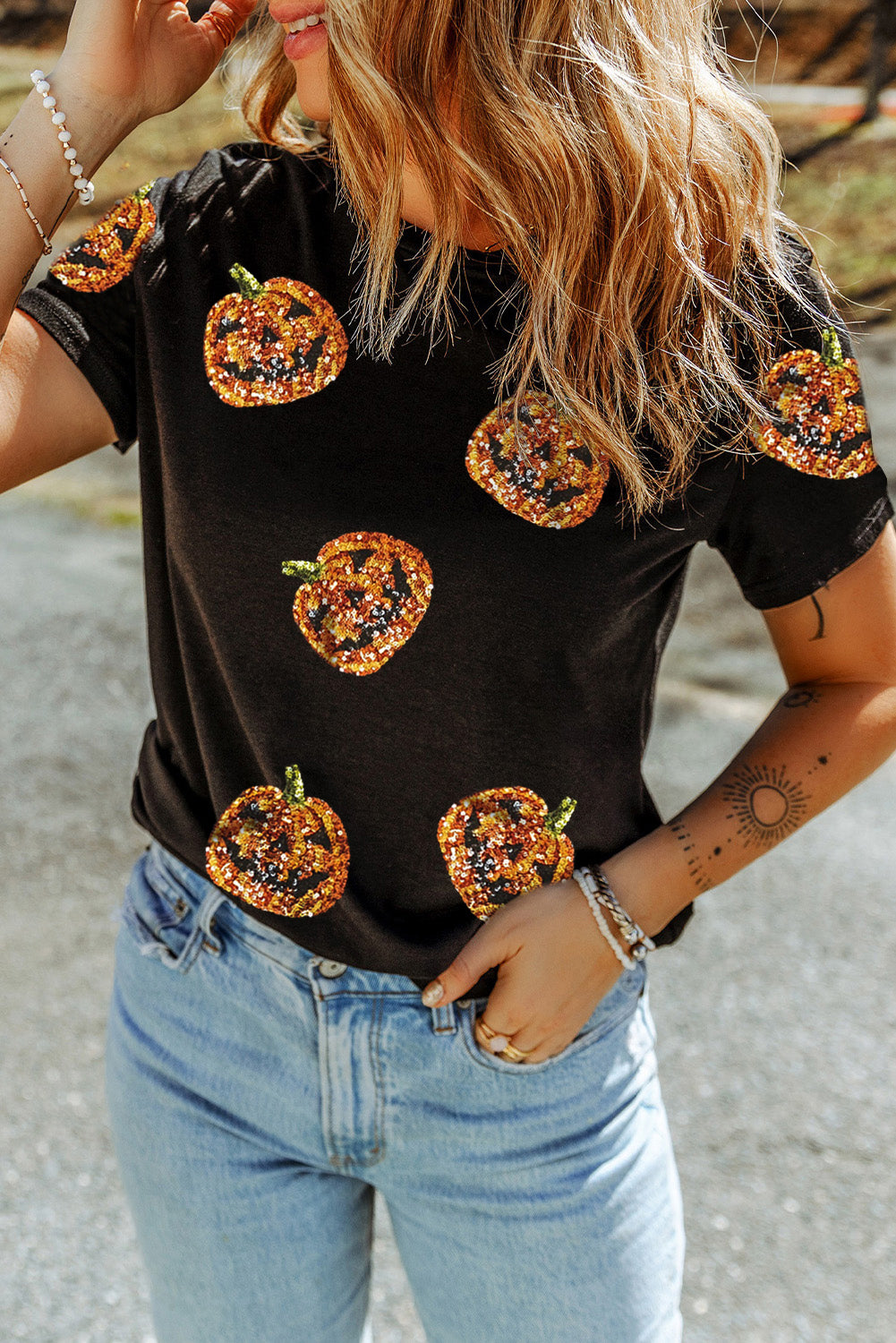 Halloween Sequin Pumpkin T Shirt