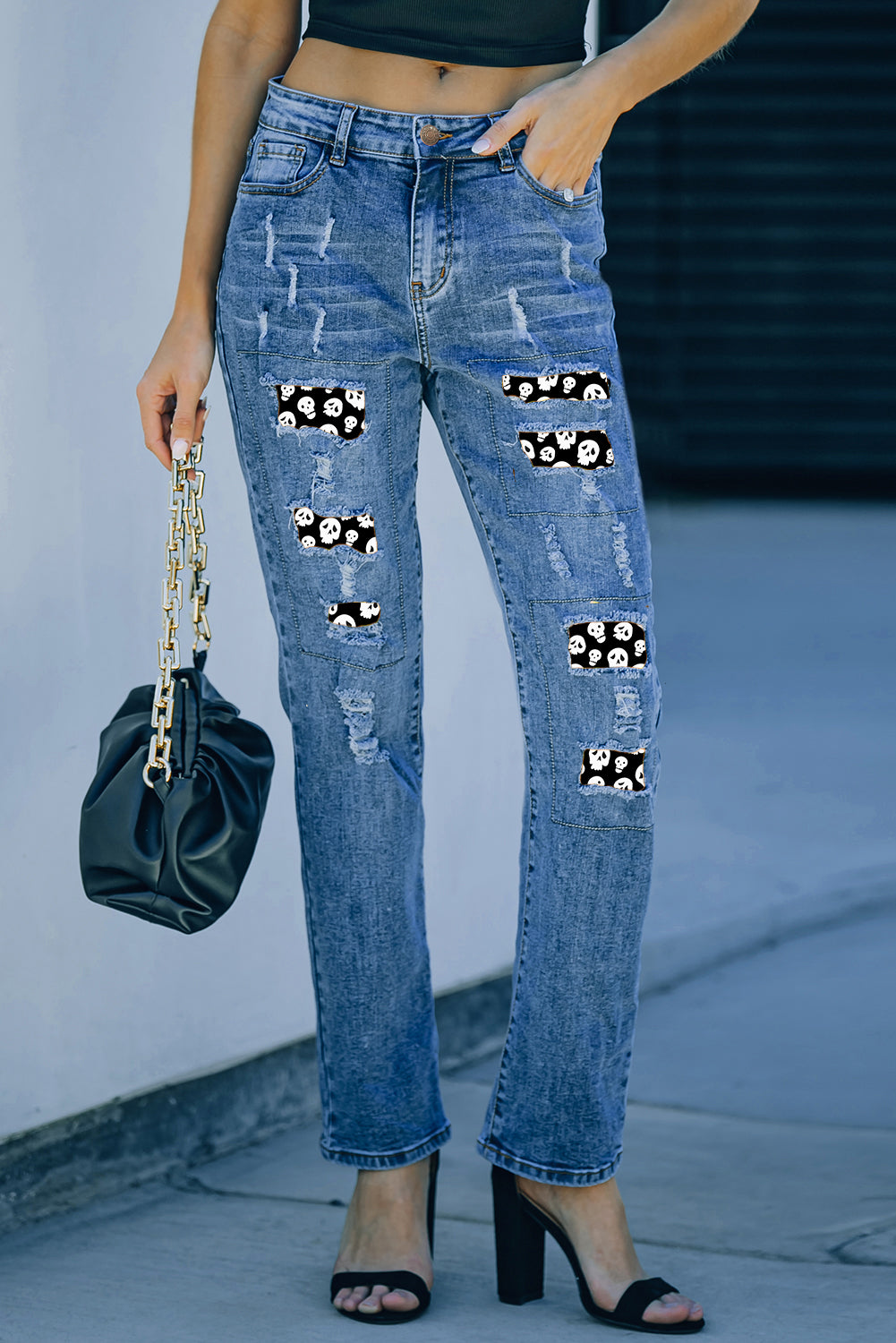 Halloween Skull Patchwork Distressed Straight Jeans