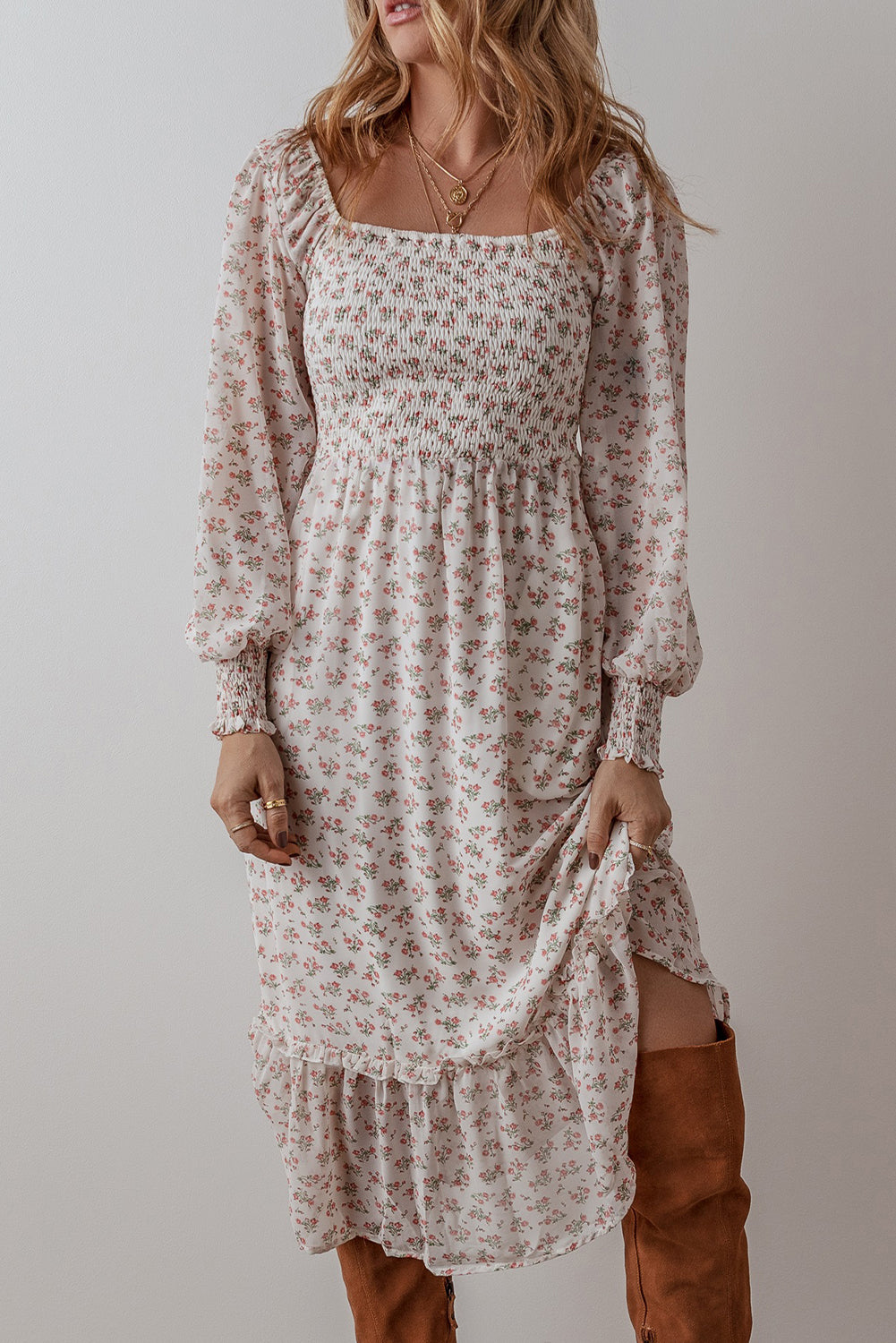 Floral Shirred Ruffled Hem Midi Dress