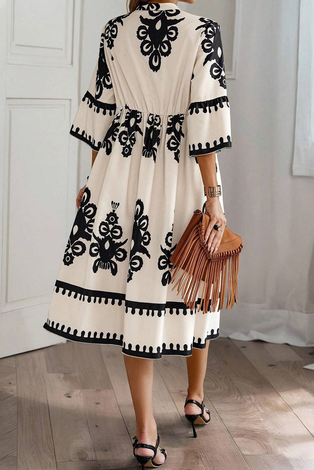 Black Print 3/4 Sleeve Loose Midi Dress