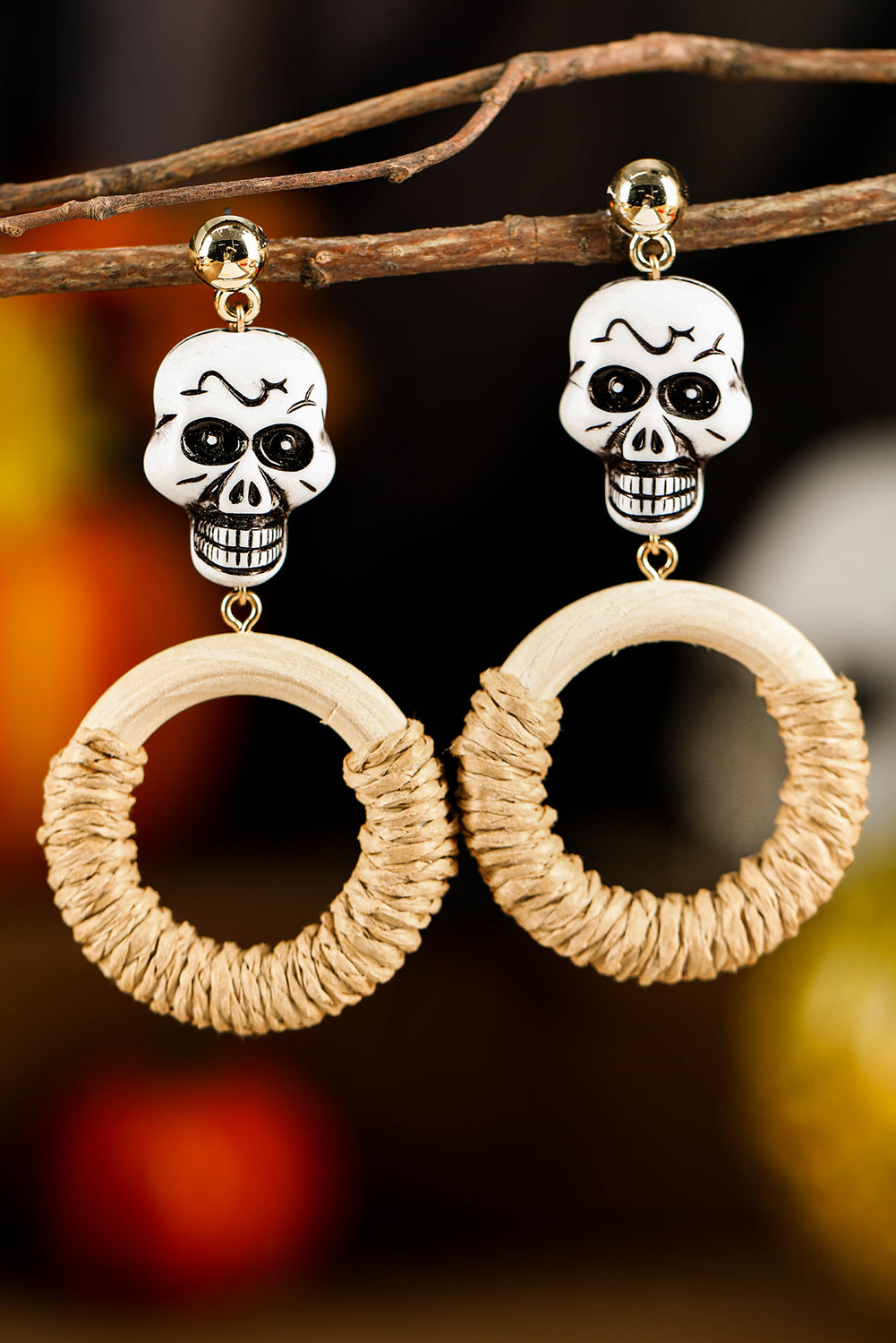 Rattan Halloween Skull Earrings