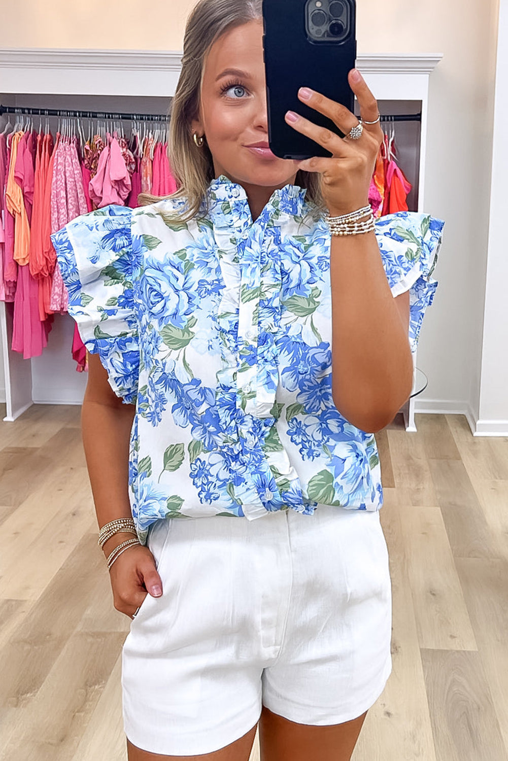 Blue Floral Ruffle Sleeve Shirt