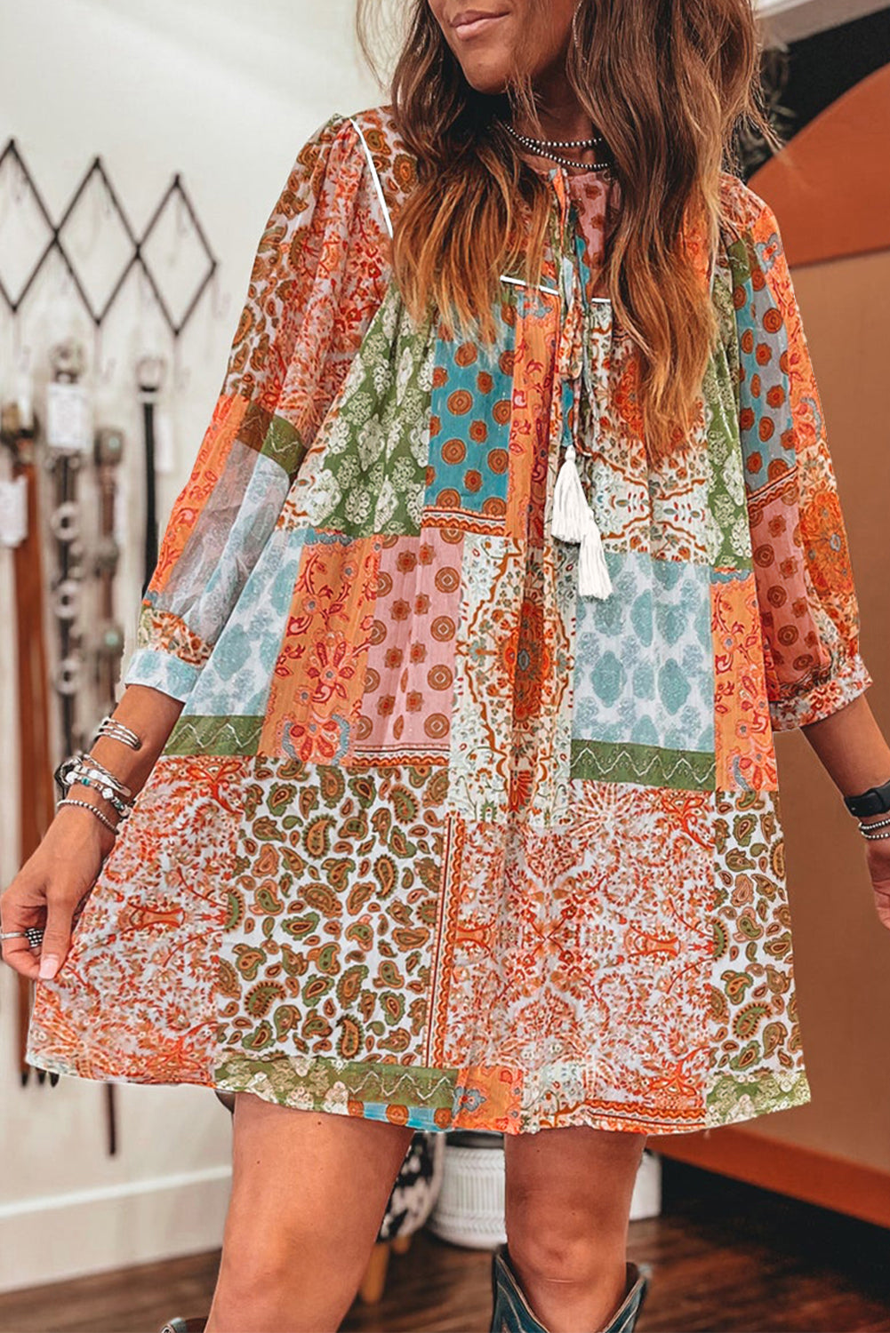 Boho Paisley Mixed Print 3/4 Sleeve Chiffon Loose Dress