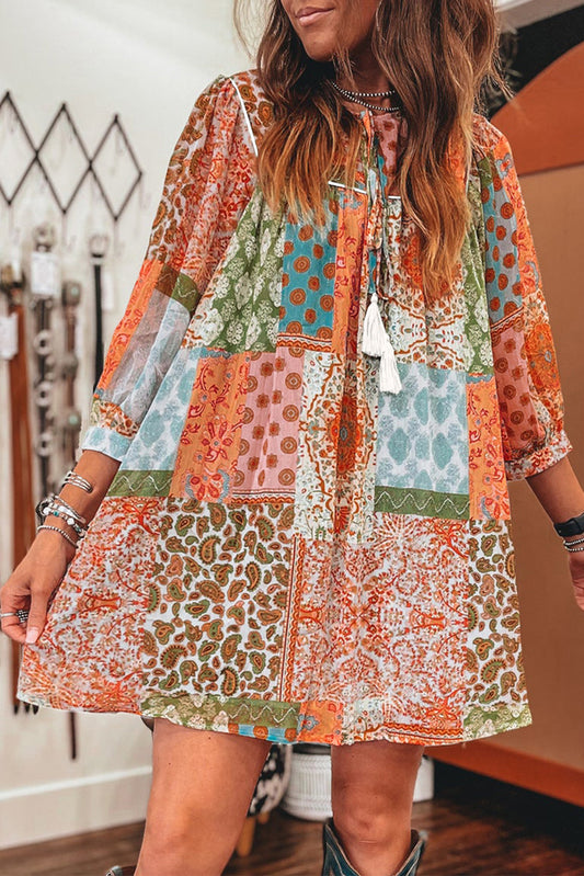 Boho Paisley Mixed Print 3/4 Sleeve Chiffon Loose Dress