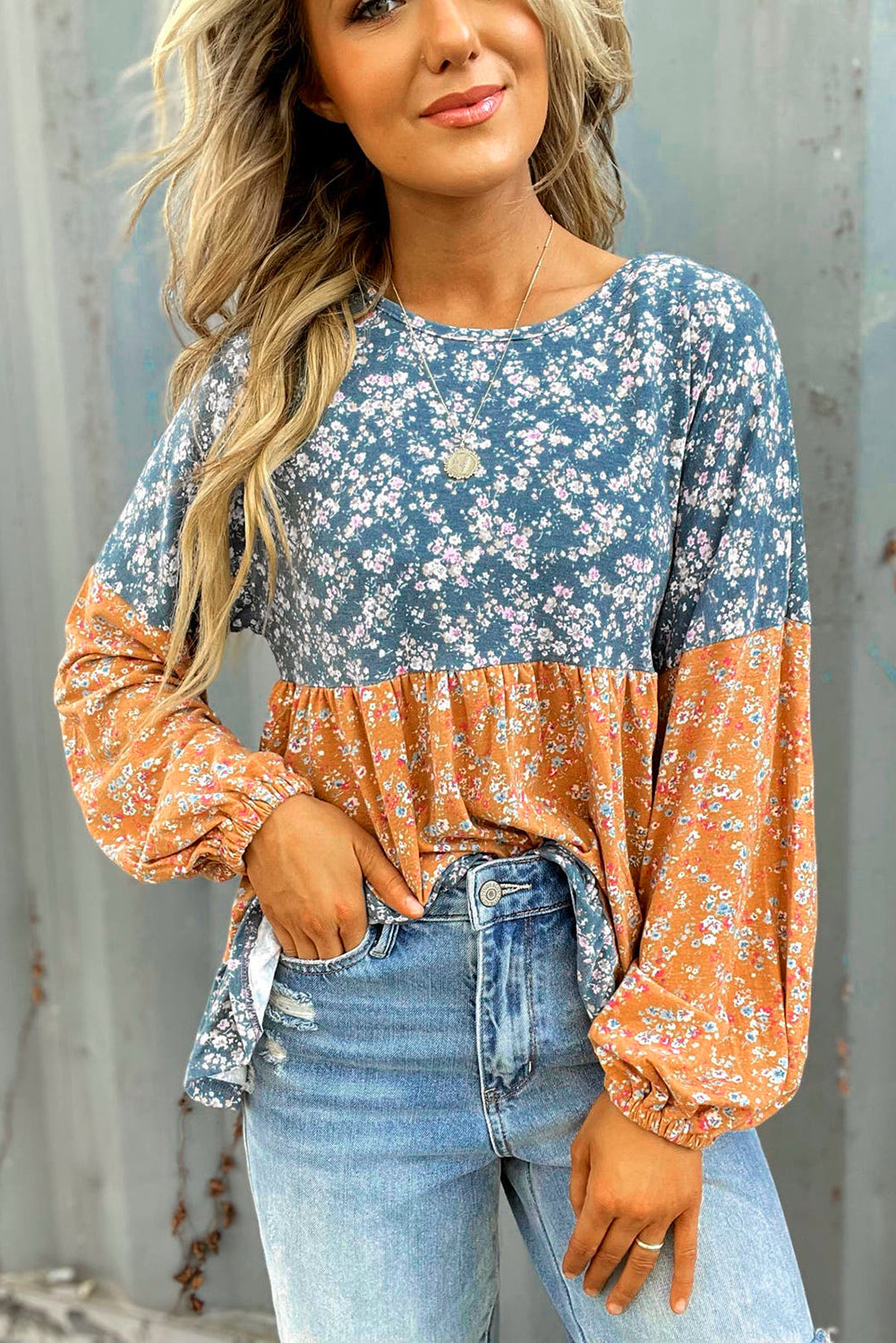 Ditsy Floral Ruffle Hem Long Sleeve Top