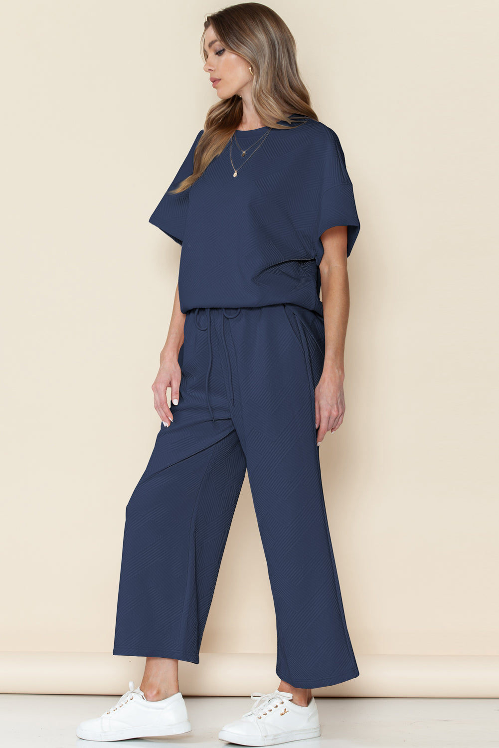 Textured Loose Fit T Shirt and Drawstring Pants Set