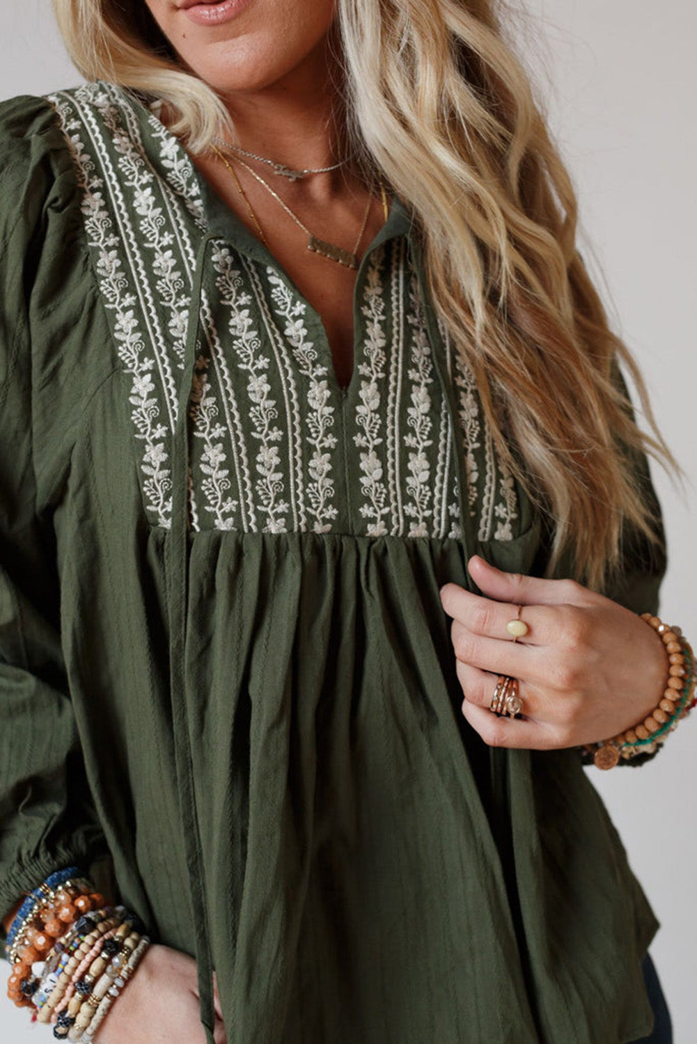 Embroidered Pleated Boho Blouse