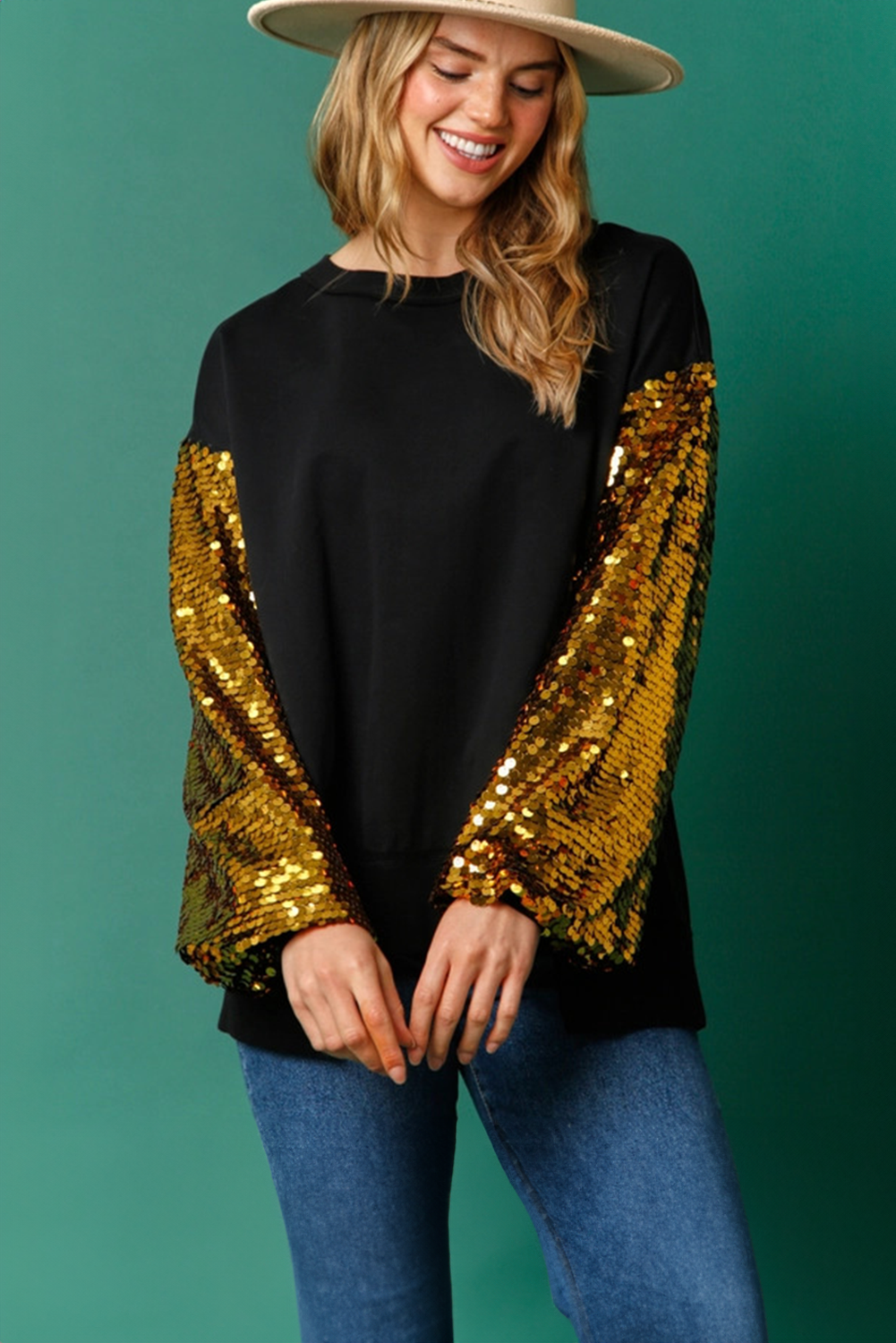 Festive Sequin Lantern Sleeve Sweatshirt