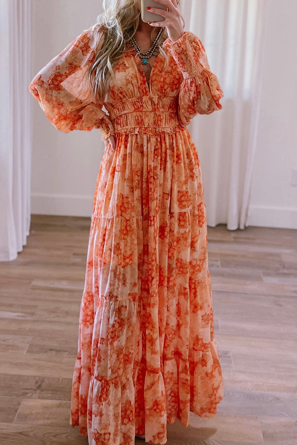 Orange Boho Floral Tiered Maxi Dress