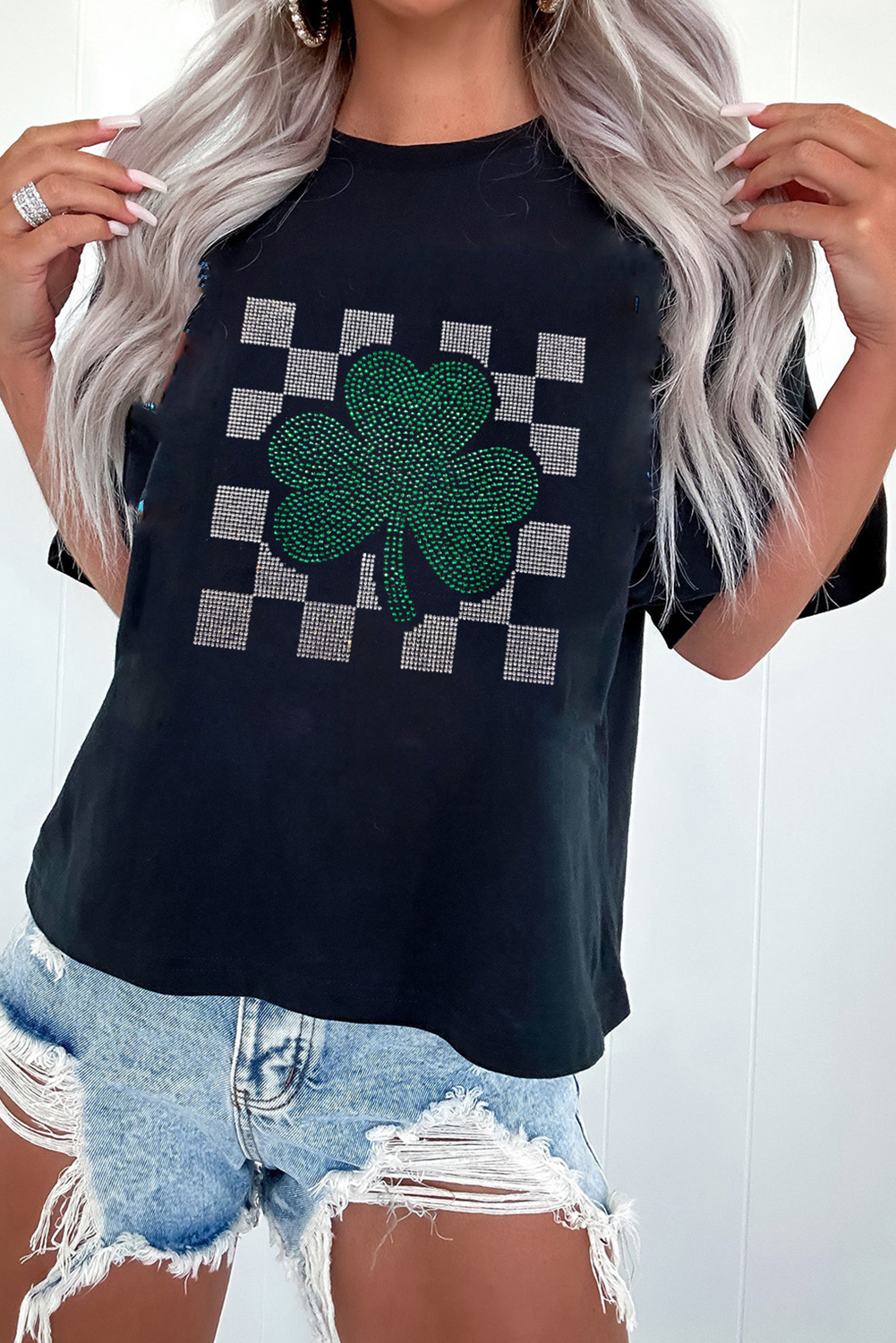 Black Rhinestone Shamrock Checkered T Shirt