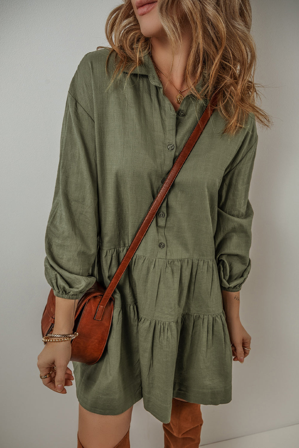 Tiered Pleated Mini Shirt Dress