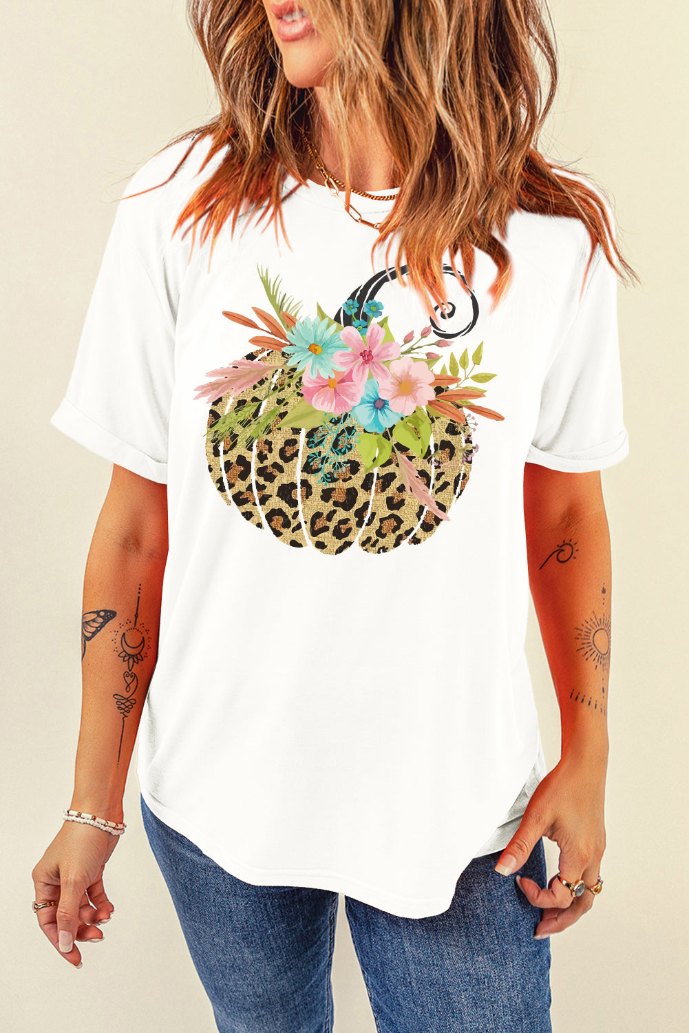 White Floral Leopard Pumpkin T Shirt