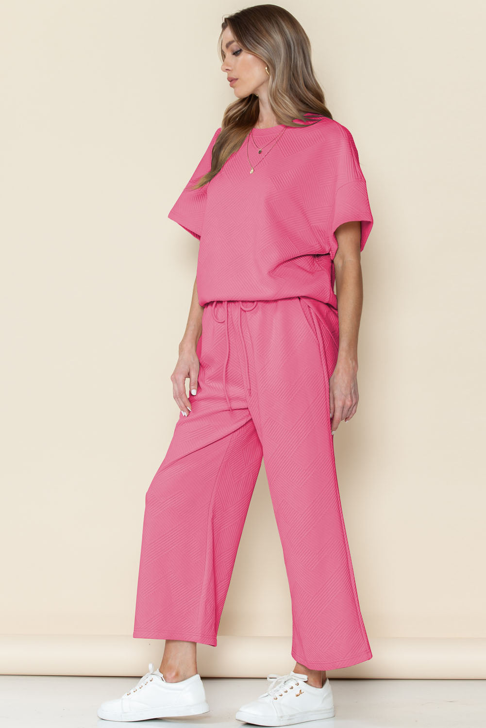 Textured Loose Fit T Shirt and Drawstring Pants Set