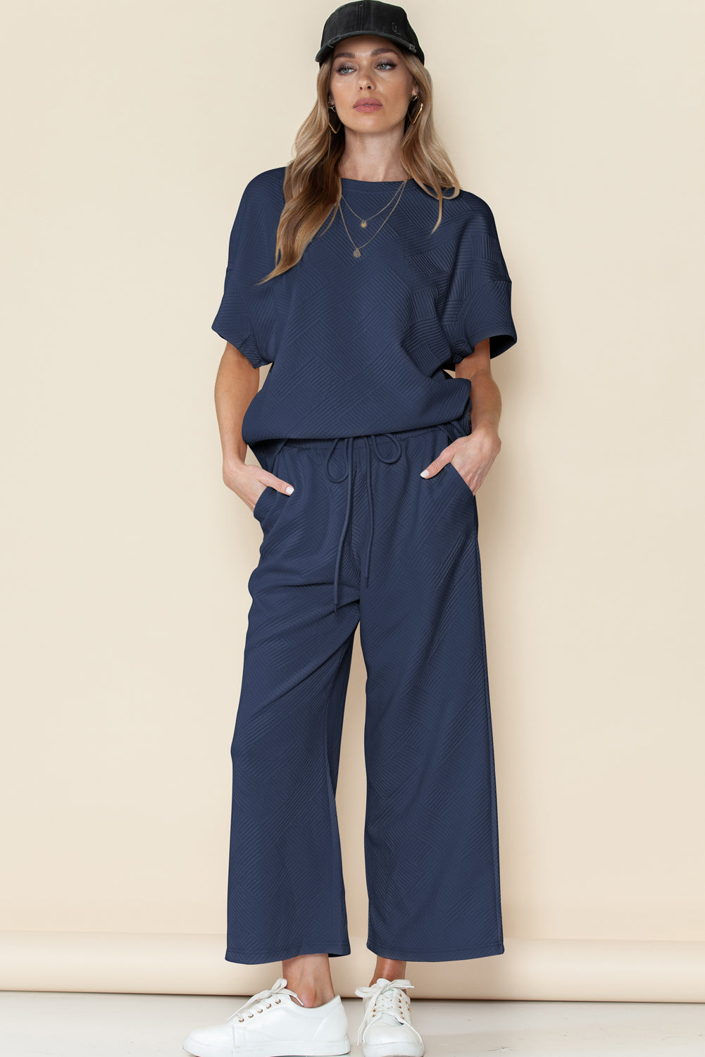 Textured Loose Fit T Shirt and Drawstring Pants Set