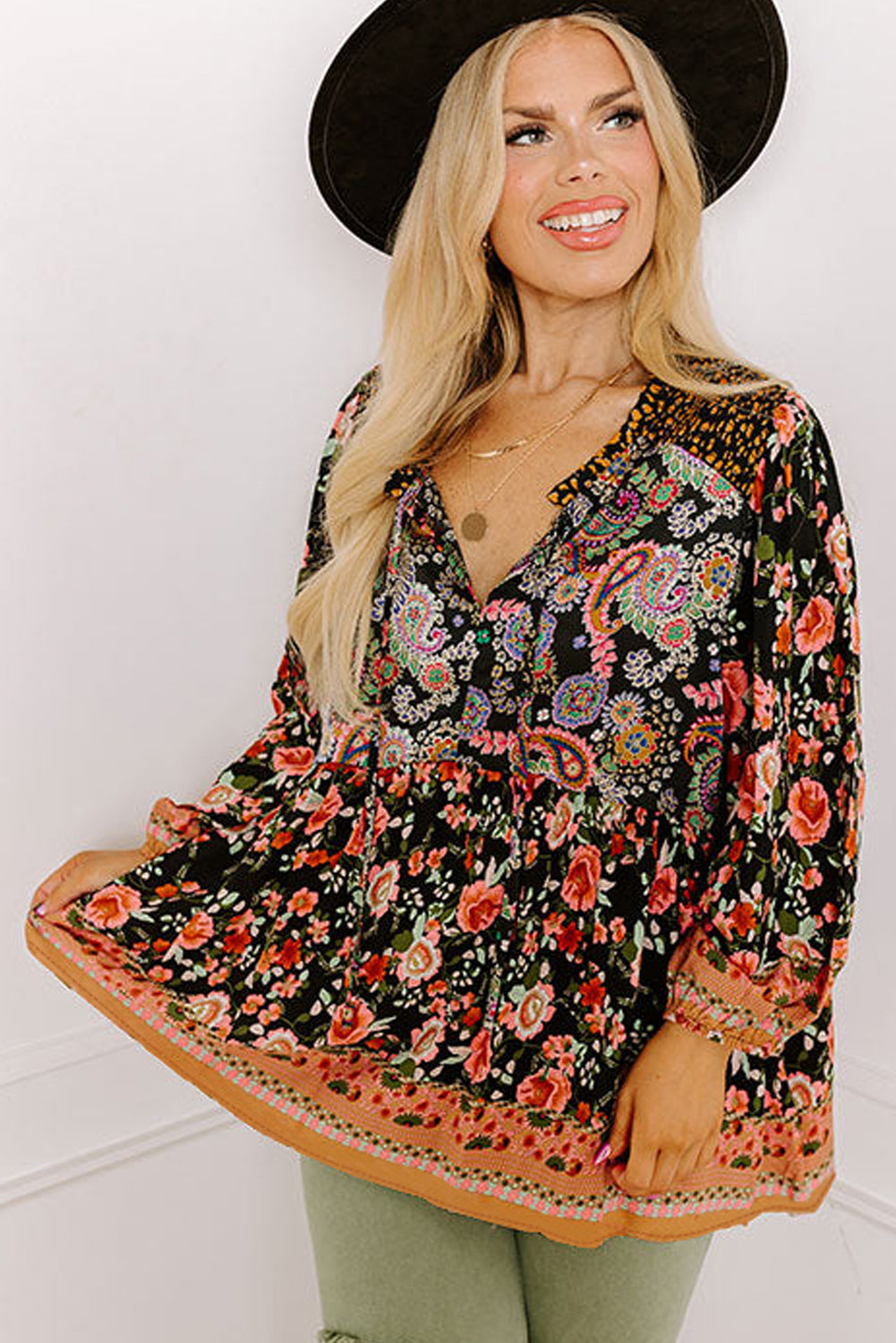 Paisley Print V Neck Bubble Sleeve Blouse - Plus