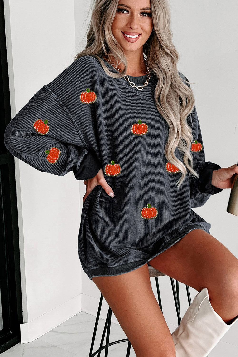 Ribbed Halloween Pumpkin Graphic Sweatshirt