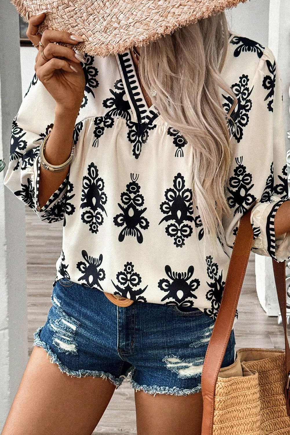 Ethnic Print V-Neck Blouse