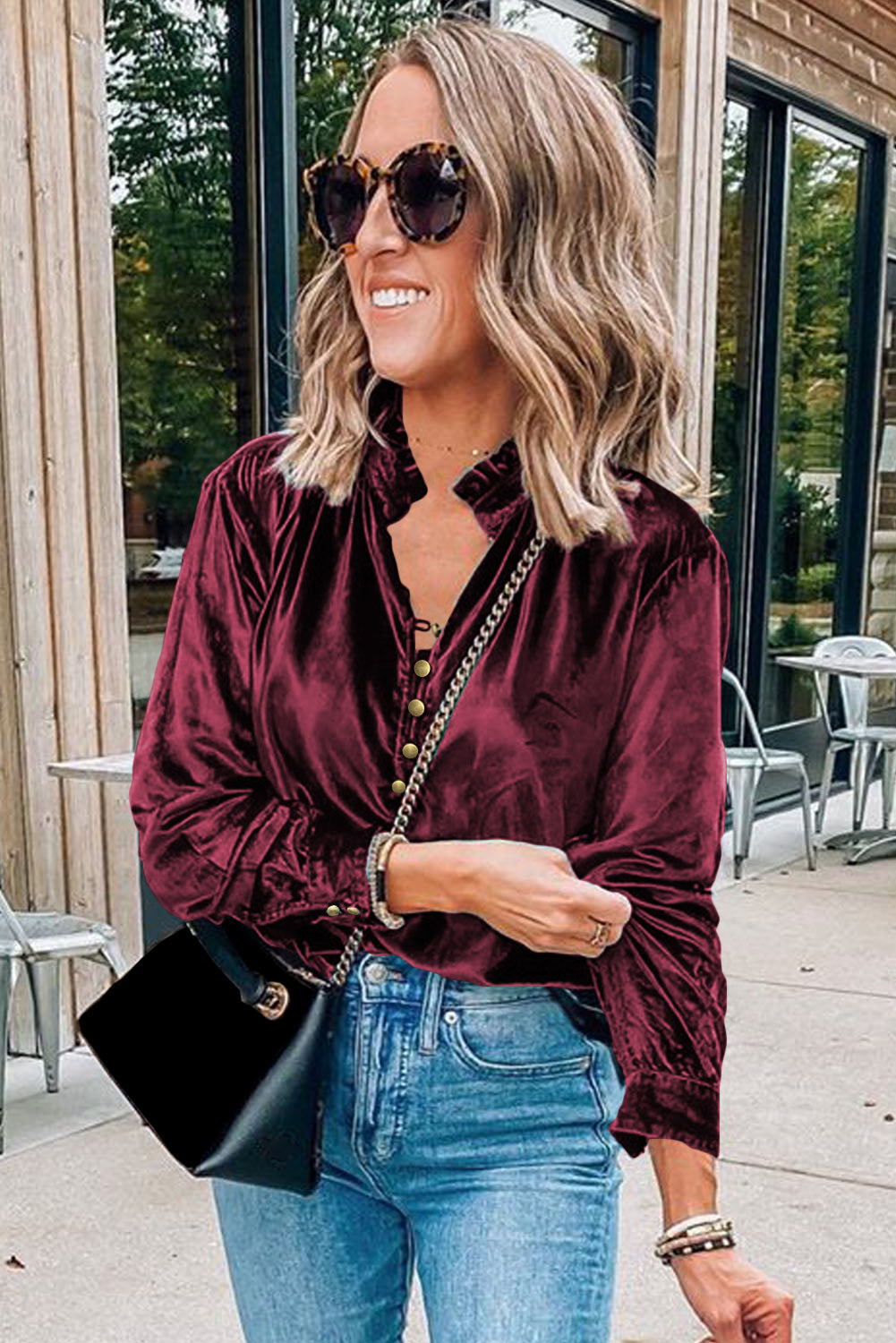 V Neck Buttoned Velvet Blouse