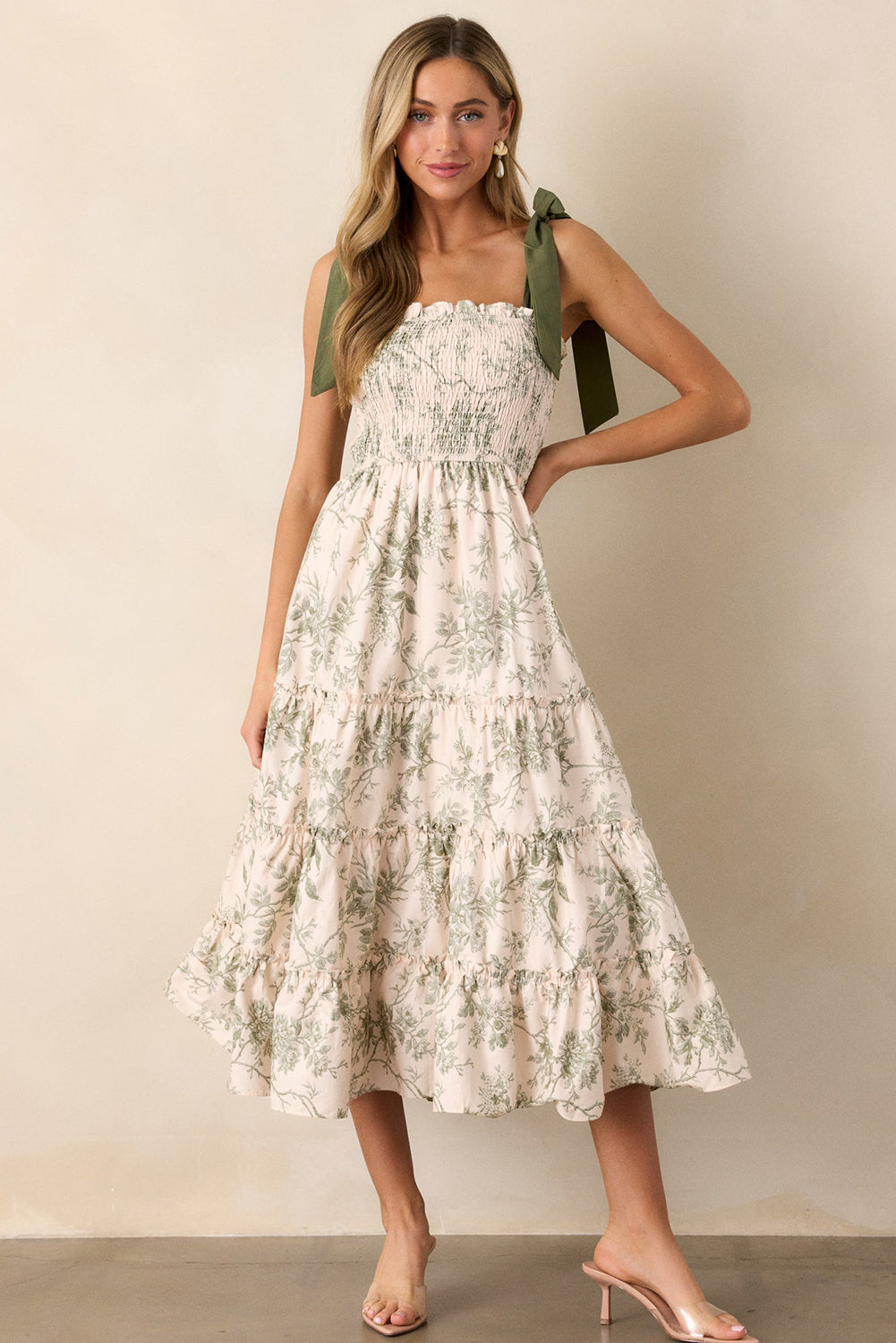 Floral Smocked High Waist Tiered Midi Dress