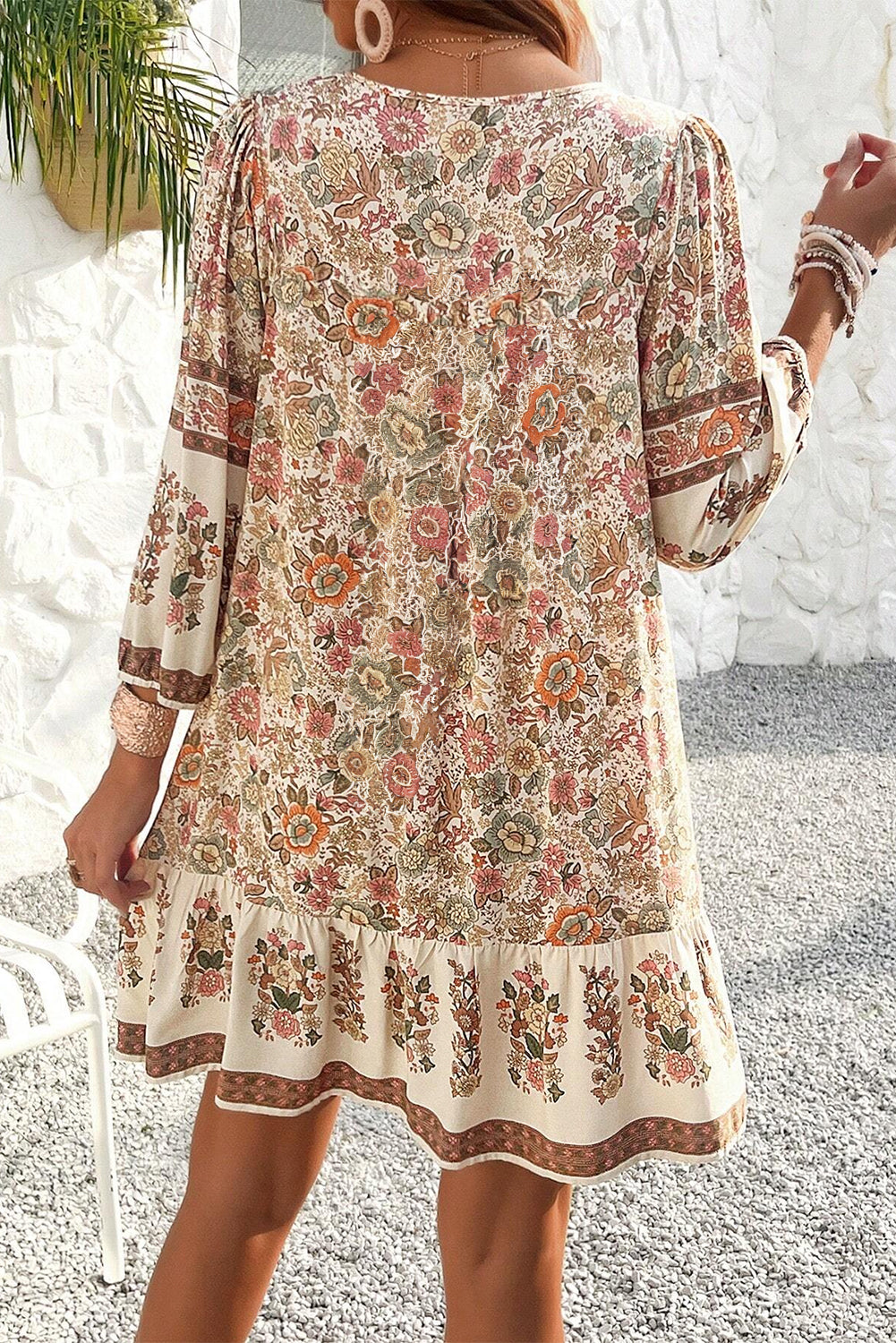 Floral Print Tassel Drawstring V Neck Dress