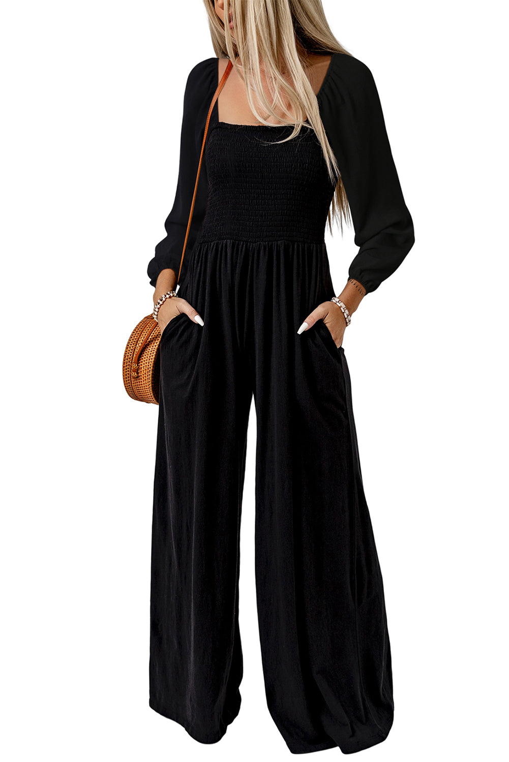 Black Smocked Wide Leg Jumpsuit