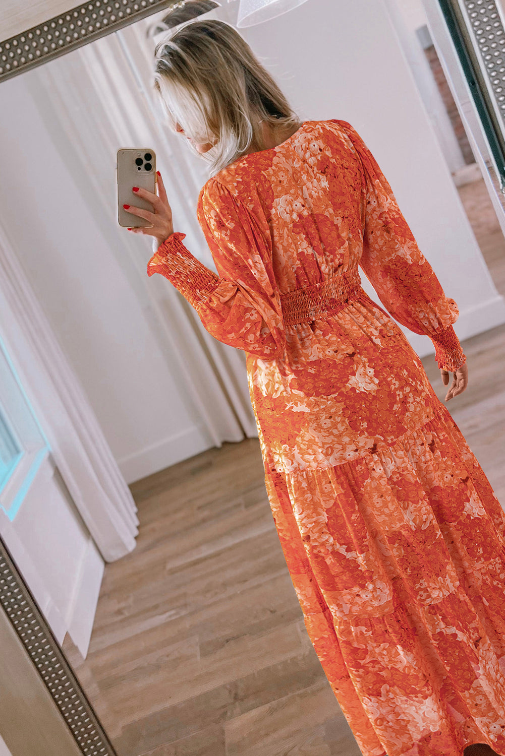 Orange Boho Floral Tiered Maxi Dress