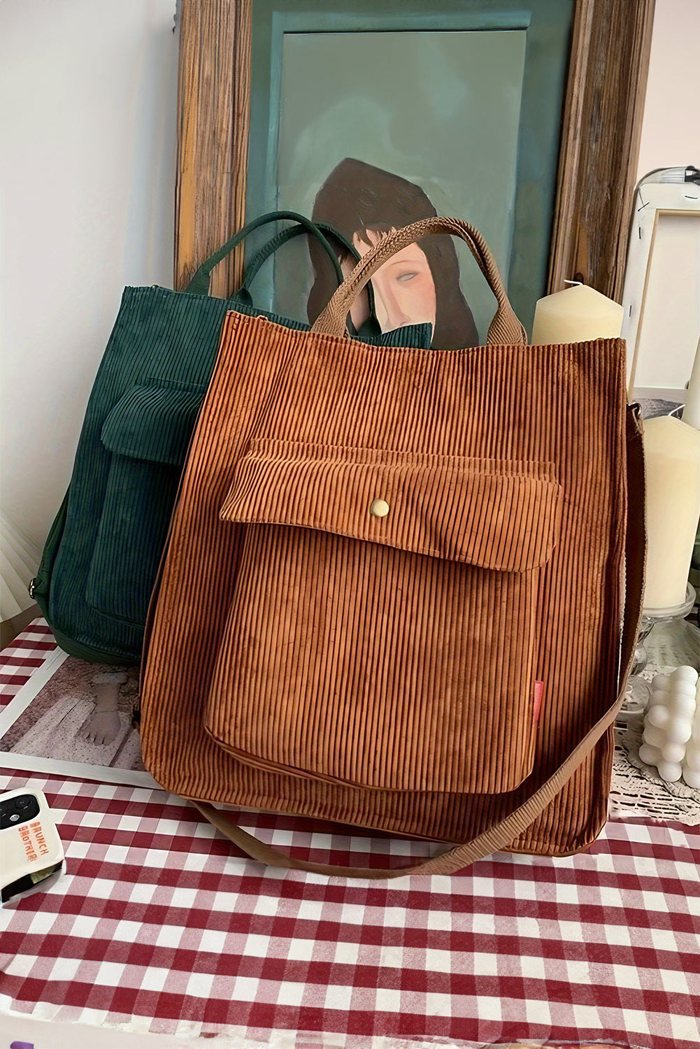 Corduroy Tote Bag with Detachable Strap