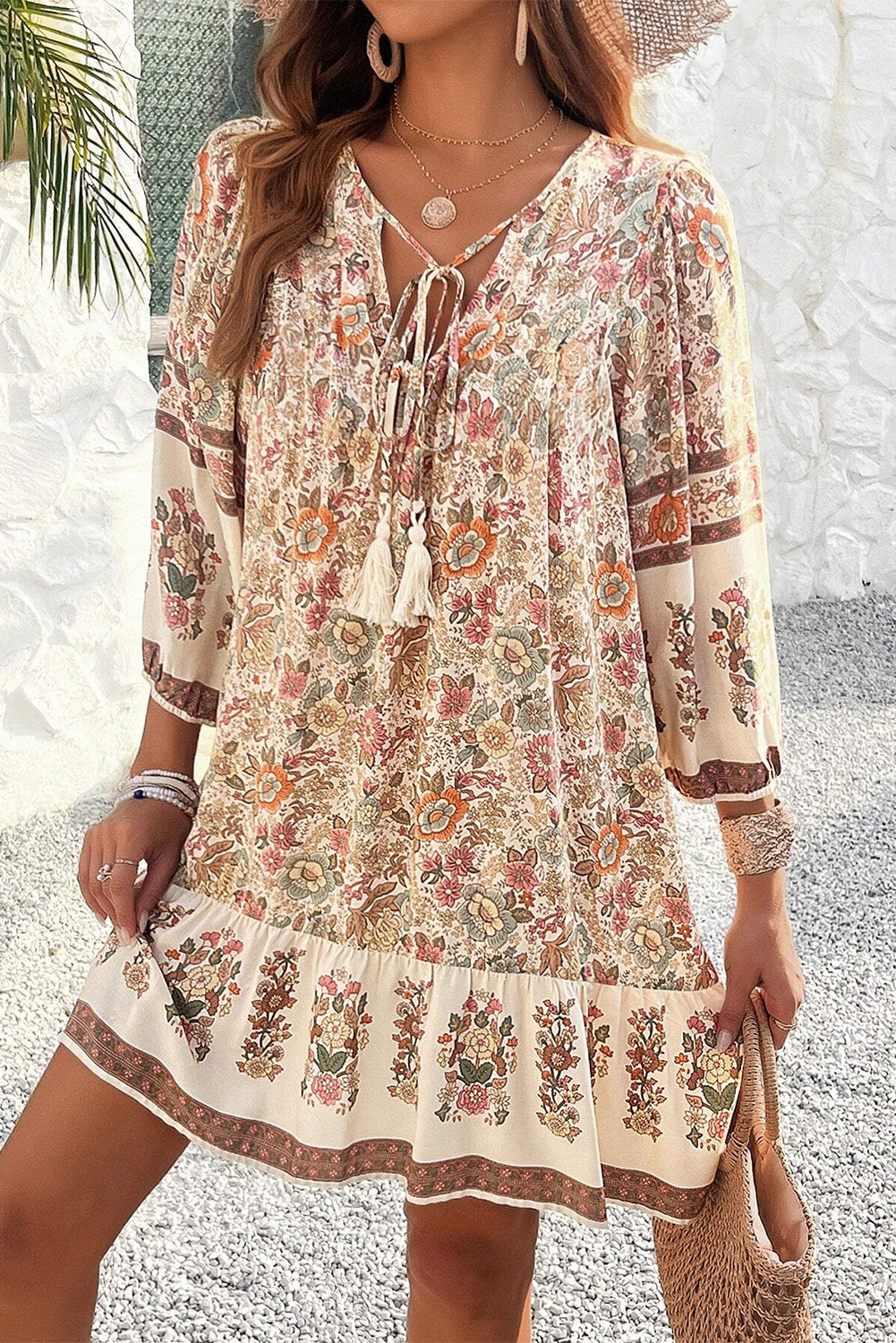 Floral Print Tassel Drawstring V Neck Dress