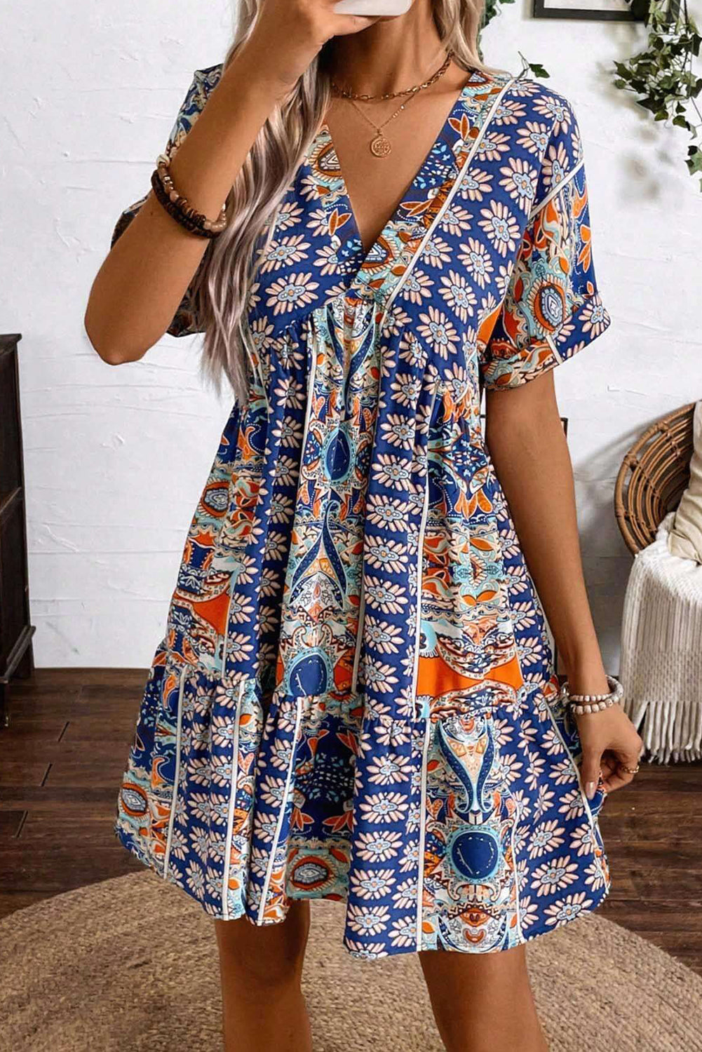 Blue Flower Print V-Neck High Waisted Dress