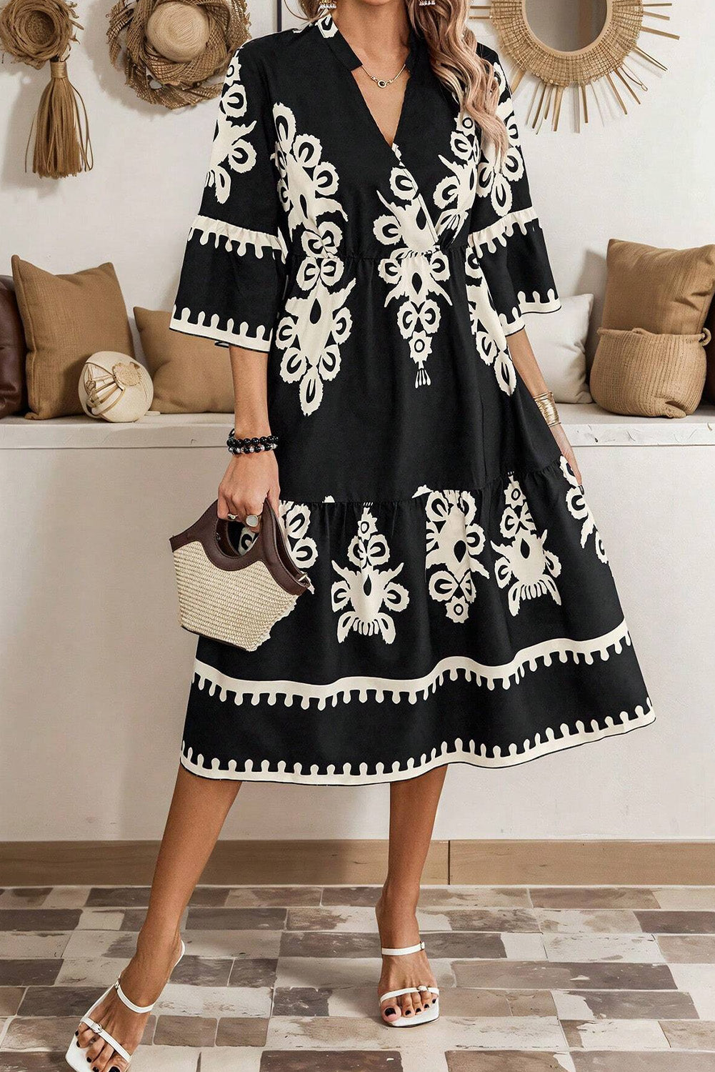 Black Print 3/4 Sleeve Loose Midi Dress