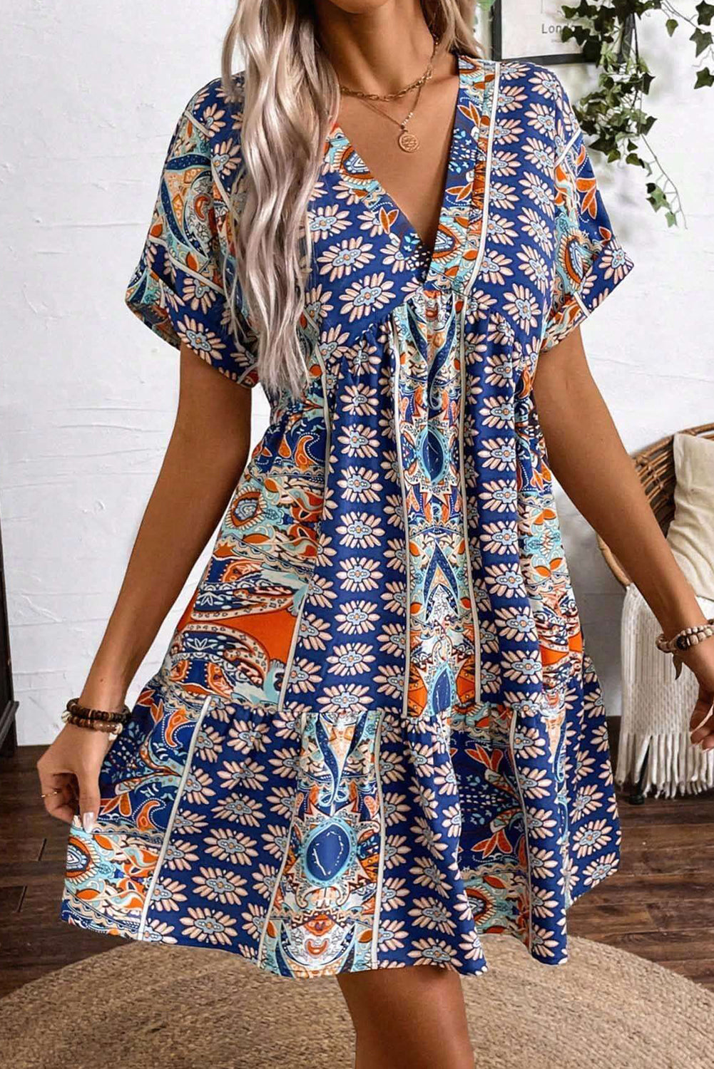 Blue Flower Print V-Neck High Waisted Dress