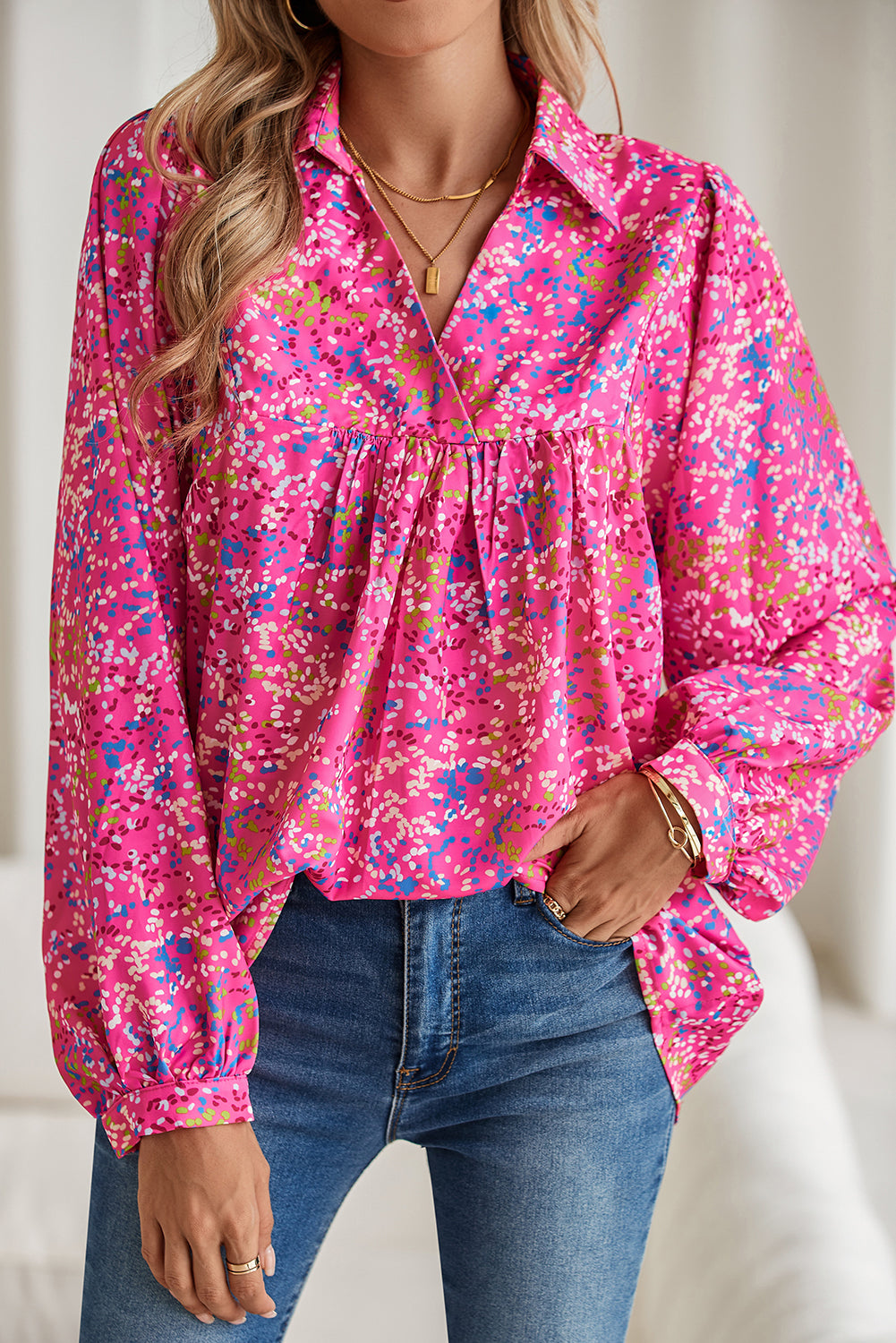 Floral V Neck Babydoll Blouse