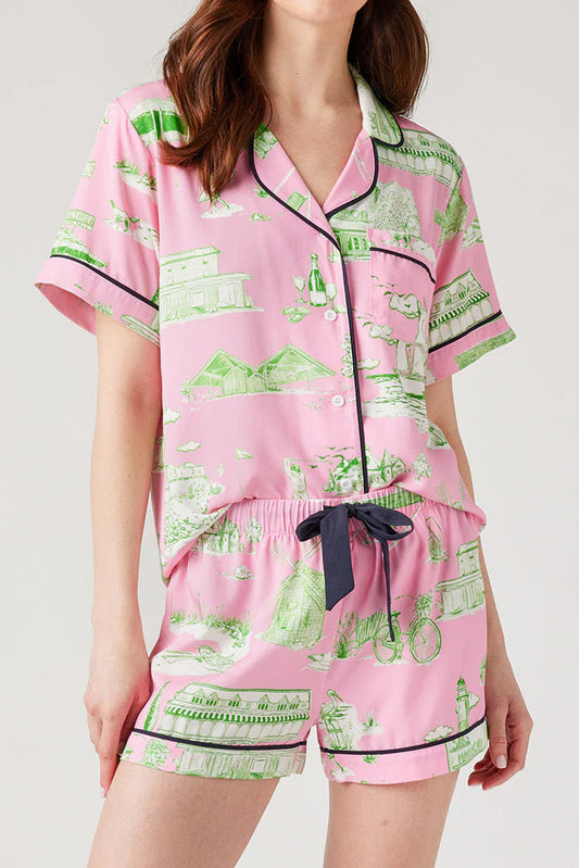 Pink Drawstring Shorts Pajama Set with Piping Details