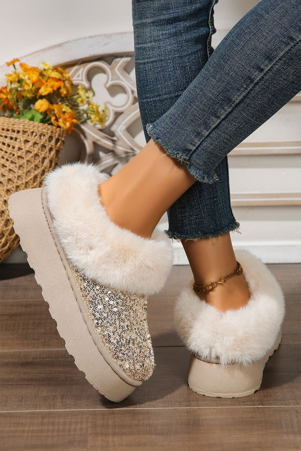 Gold Sequin Plush Lined Booties